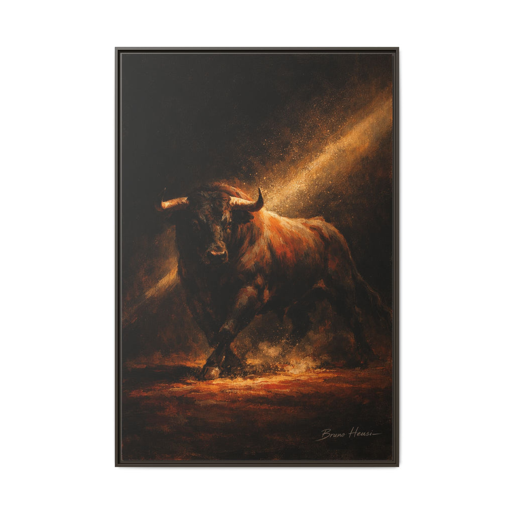 Framed Matte Canvas Art - Dramatic Charging Bull Painting