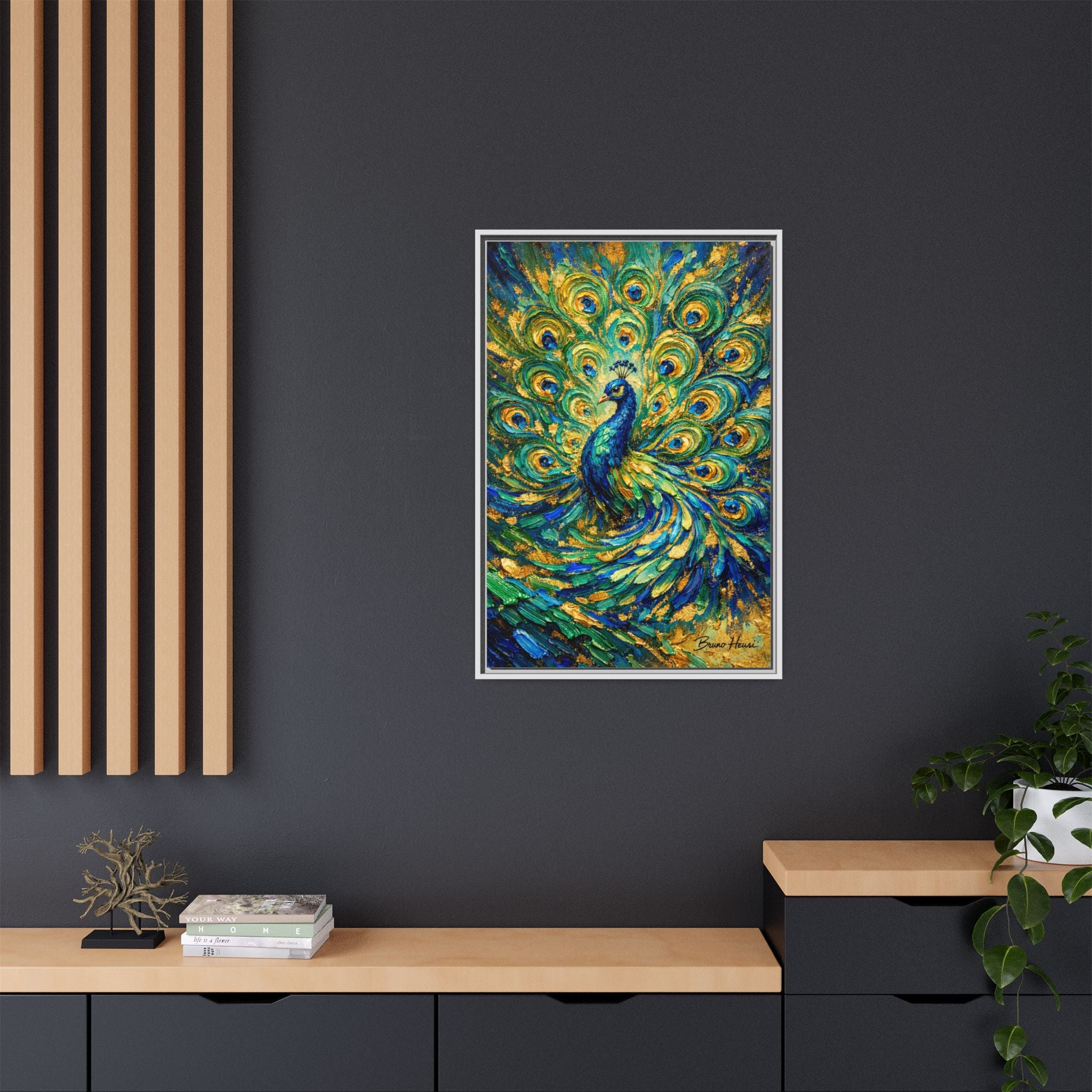 Peacock Oil-Style Framed Canvas Wall Art — Vibrant Blue & Gold Peacock Painting