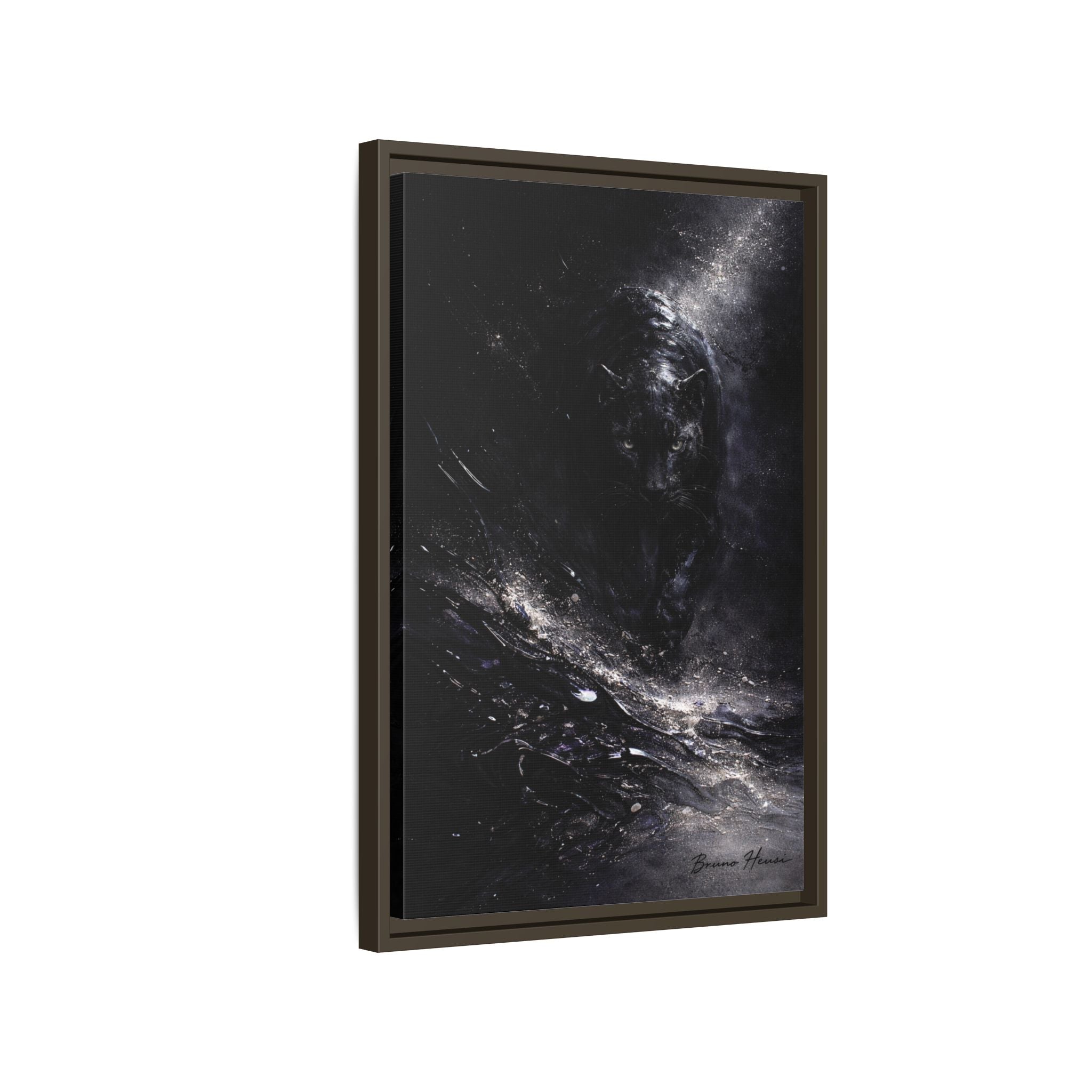 Cosmic Black Panther Matte Framed Canvas – Dark Abstract Wildlife Wall Art