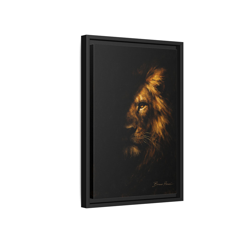 Majestic Lion Portrait Framed Canvas Wall Art — Golden Mane on Black Matte Print