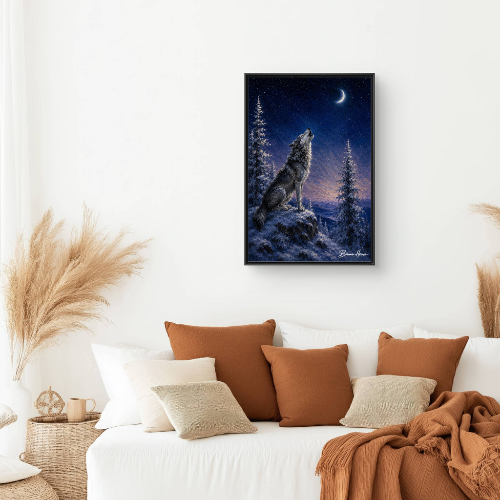 Howling Wolf Moon Framed Canvas Art - Matte Multi-Color Wilderness Print
