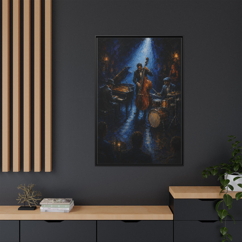 Framed Jazz Quartet Canvas Wall Art – Moody Blue Music Scene