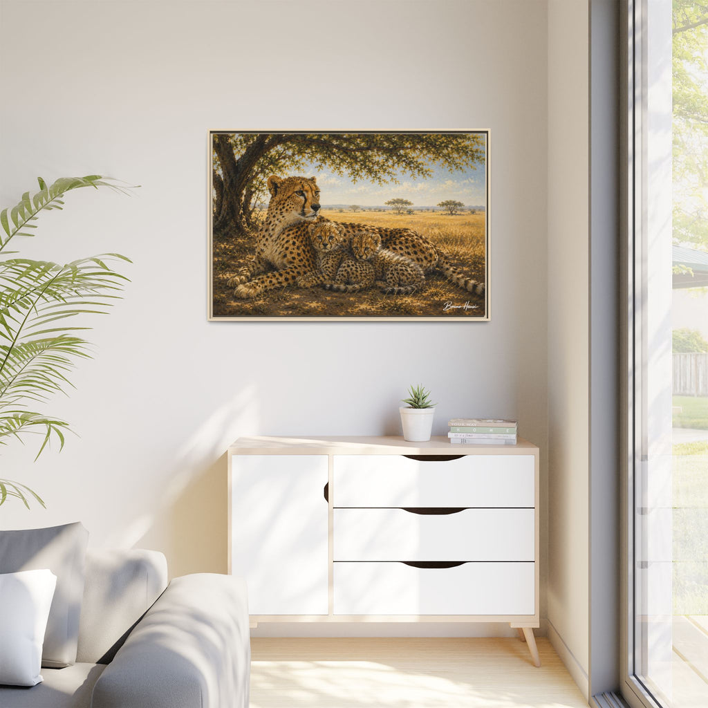Cheetah Mother & Cubs Framed Canvas Wall Art – African Wildlife Safari Print