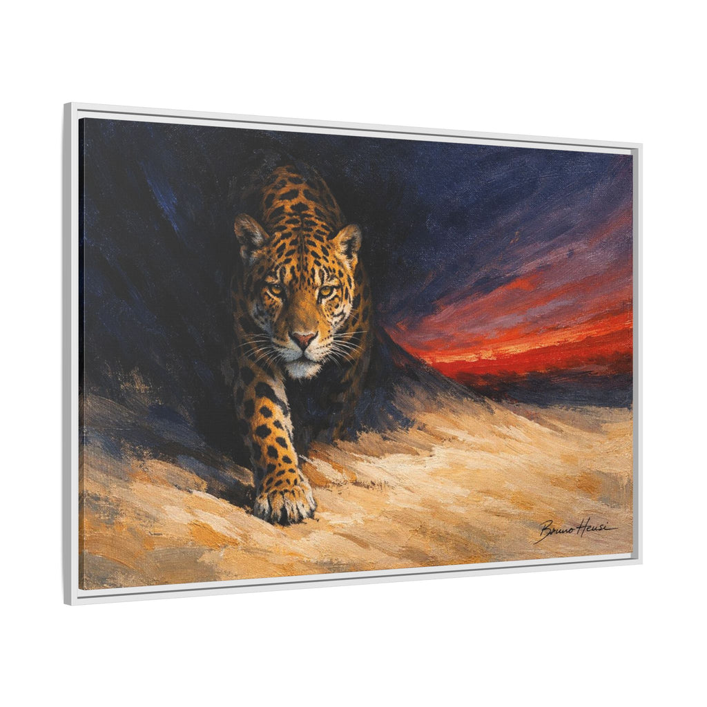 Framed Jaguar Canvas Art – Majestic Big Cat Painting with Sunset Sky