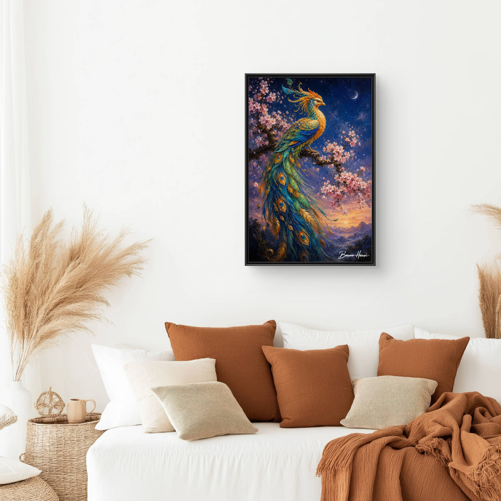 Framed Peacock Canvas Wall Art — Vibrant Fantasy Bird Print