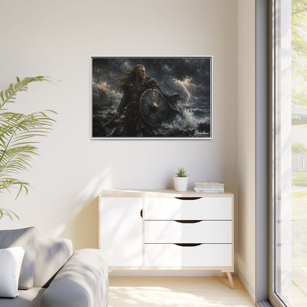 Viking Warrior Matte Framed Canvas Print — Stormy Norse Shield and Axe Wall Art