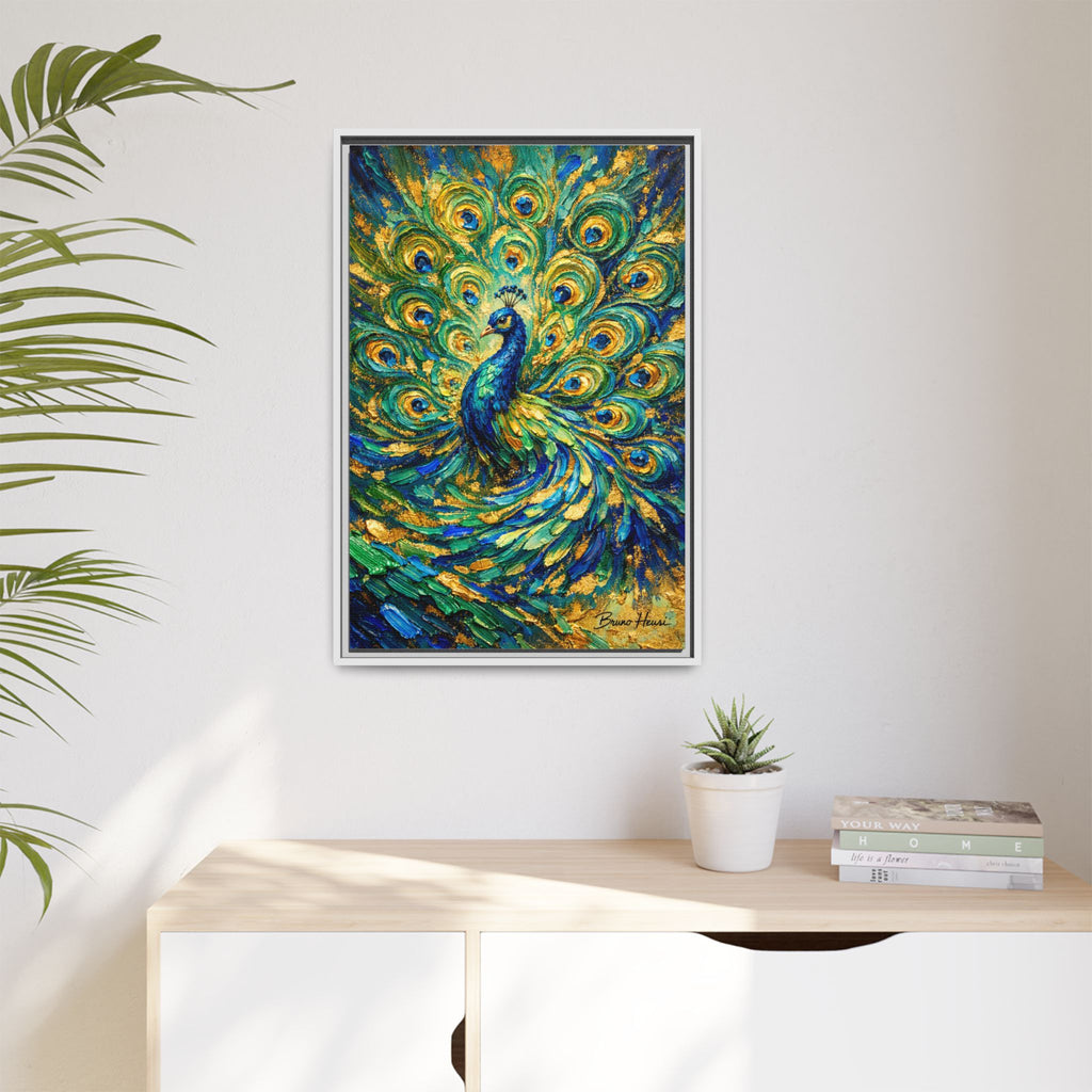 Peacock Oil-Style Framed Canvas Wall Art — Vibrant Blue & Gold Peacock Painting
