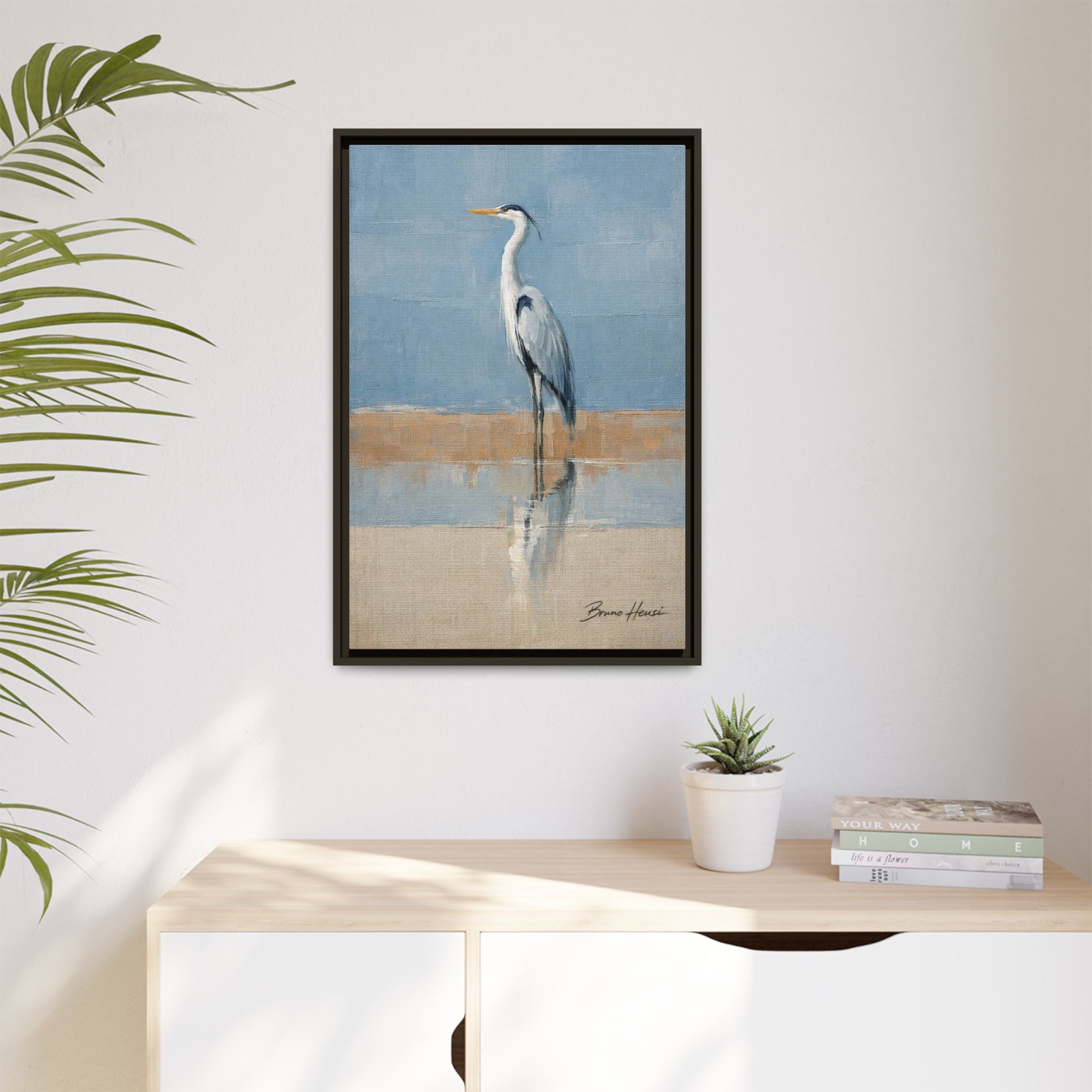Framed Heron Canvas Art – Coastal Shorebird Wall Decor