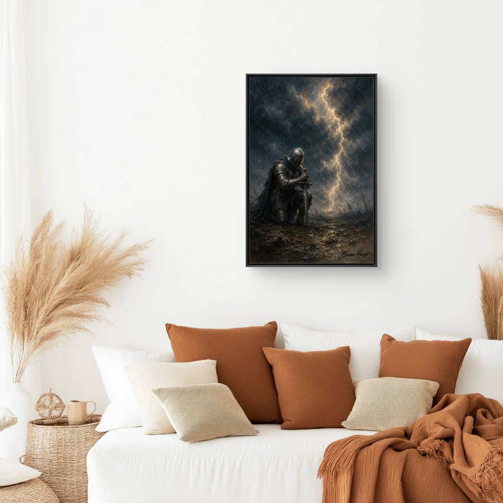 Knight in Thunderstorm Matte Framed Canvas — Dark Fantasy Wall Art