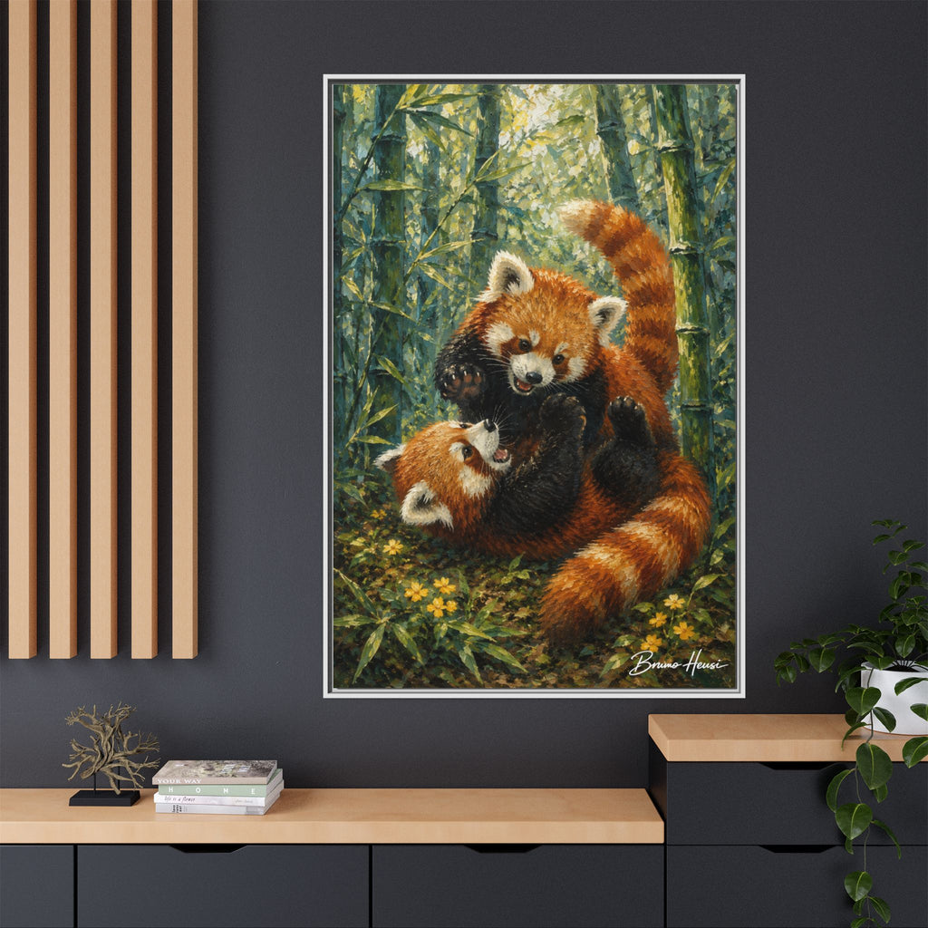 Red Panda Playtime Framed Canvas Wall Art — Playful Wildlife Print