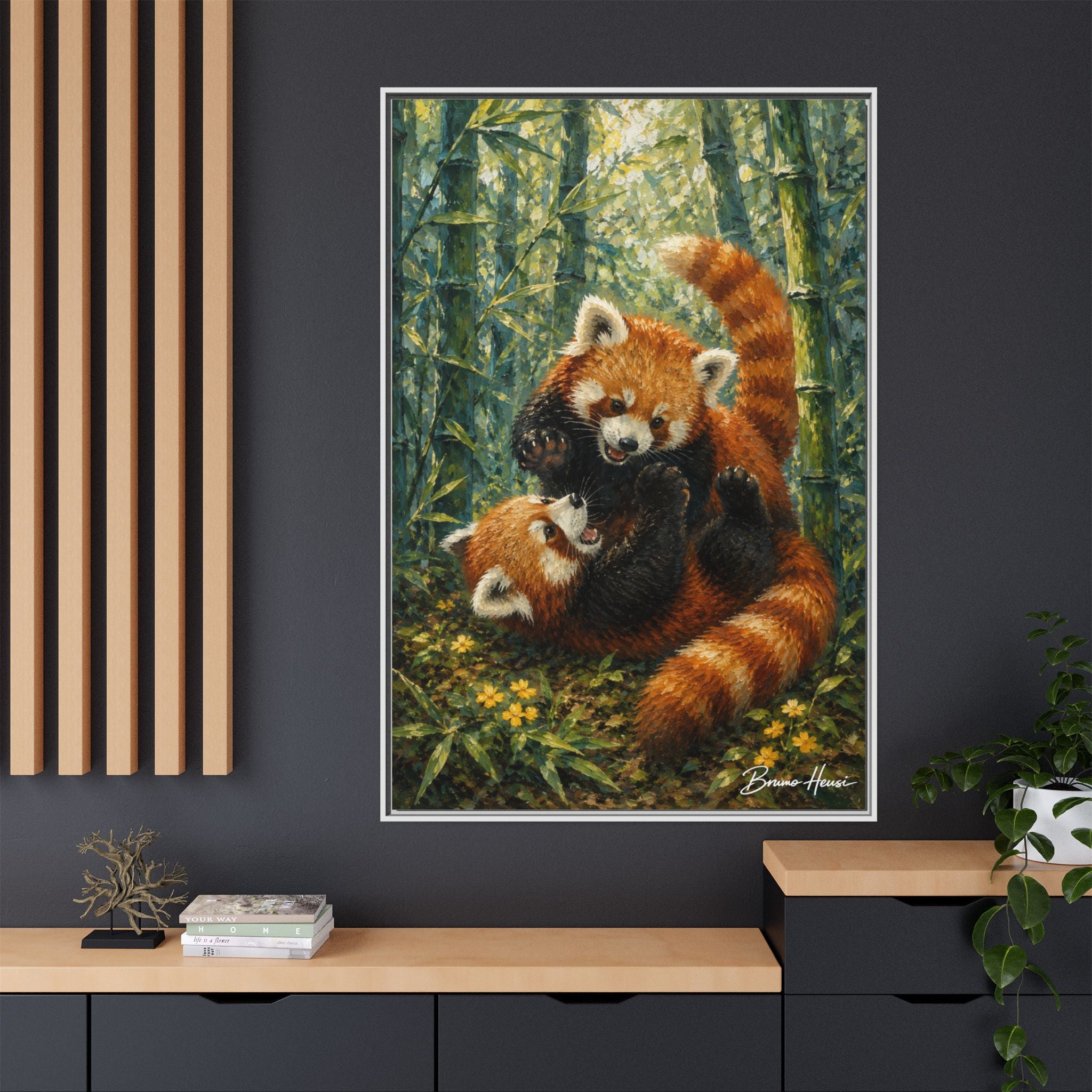 Red Panda Playtime Framed Canvas Wall Art — Playful Wildlife Print