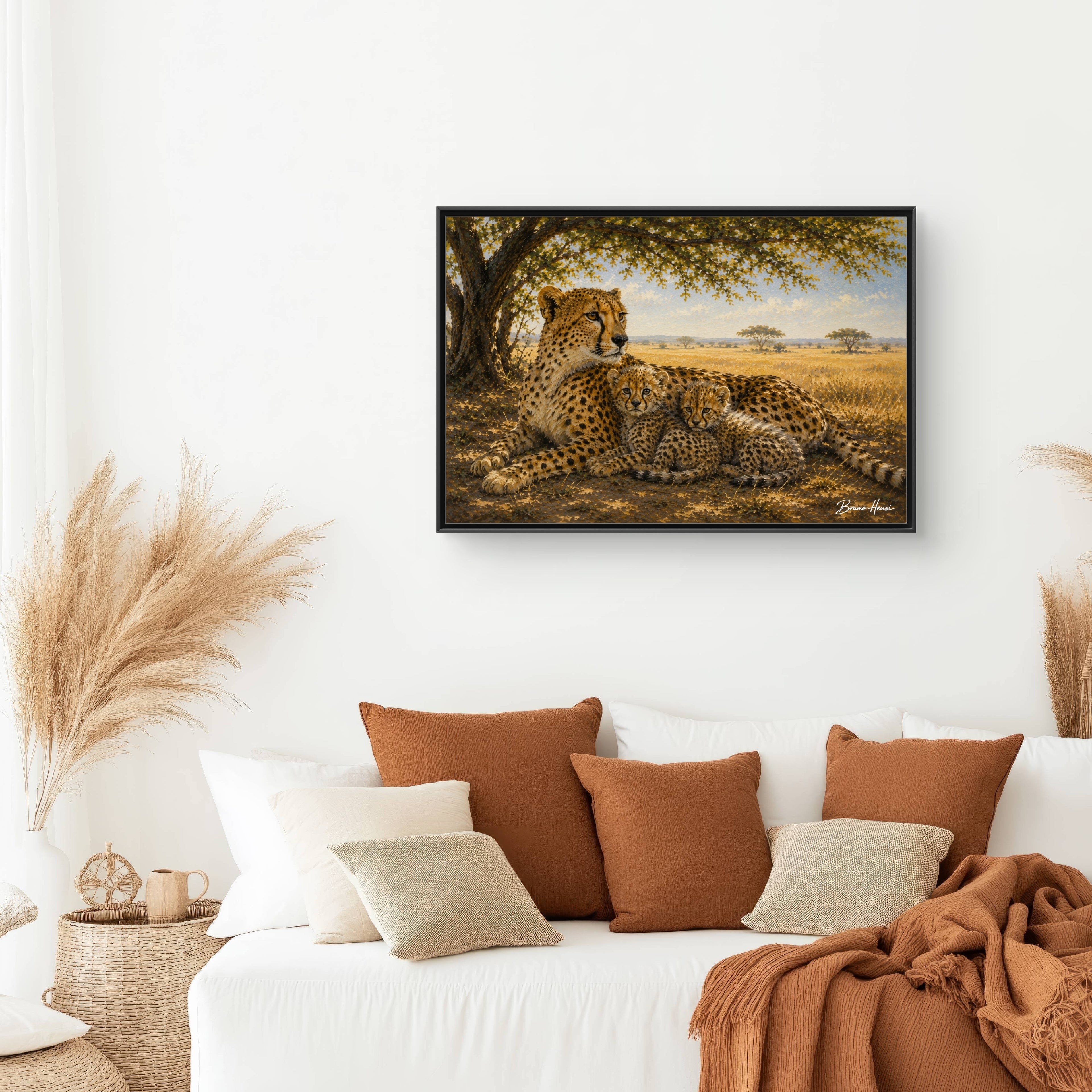 Cheetah Mother & Cubs Framed Canvas Wall Art – African Wildlife Safari Print