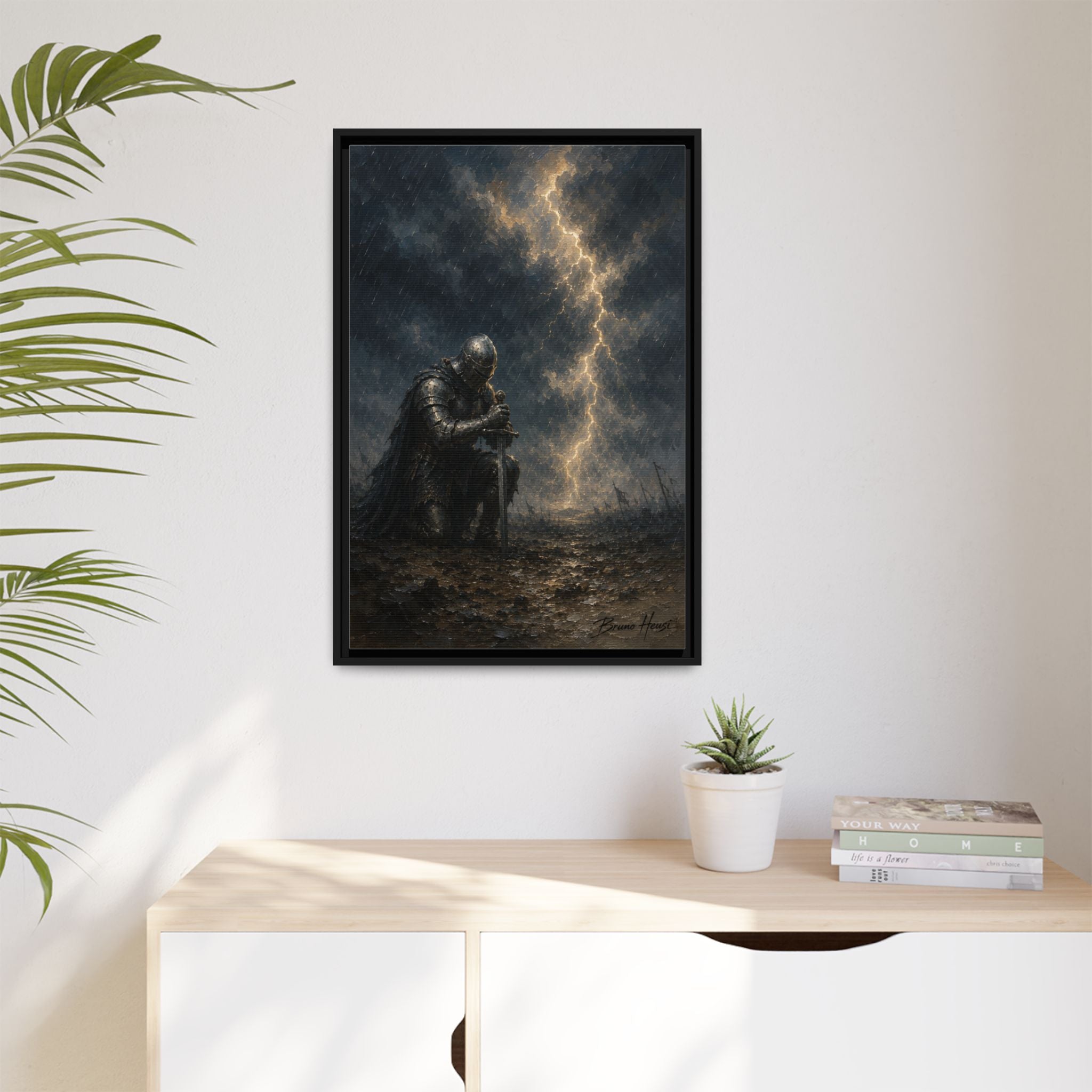 Knight in Thunderstorm Matte Framed Canvas — Dark Fantasy Wall Art