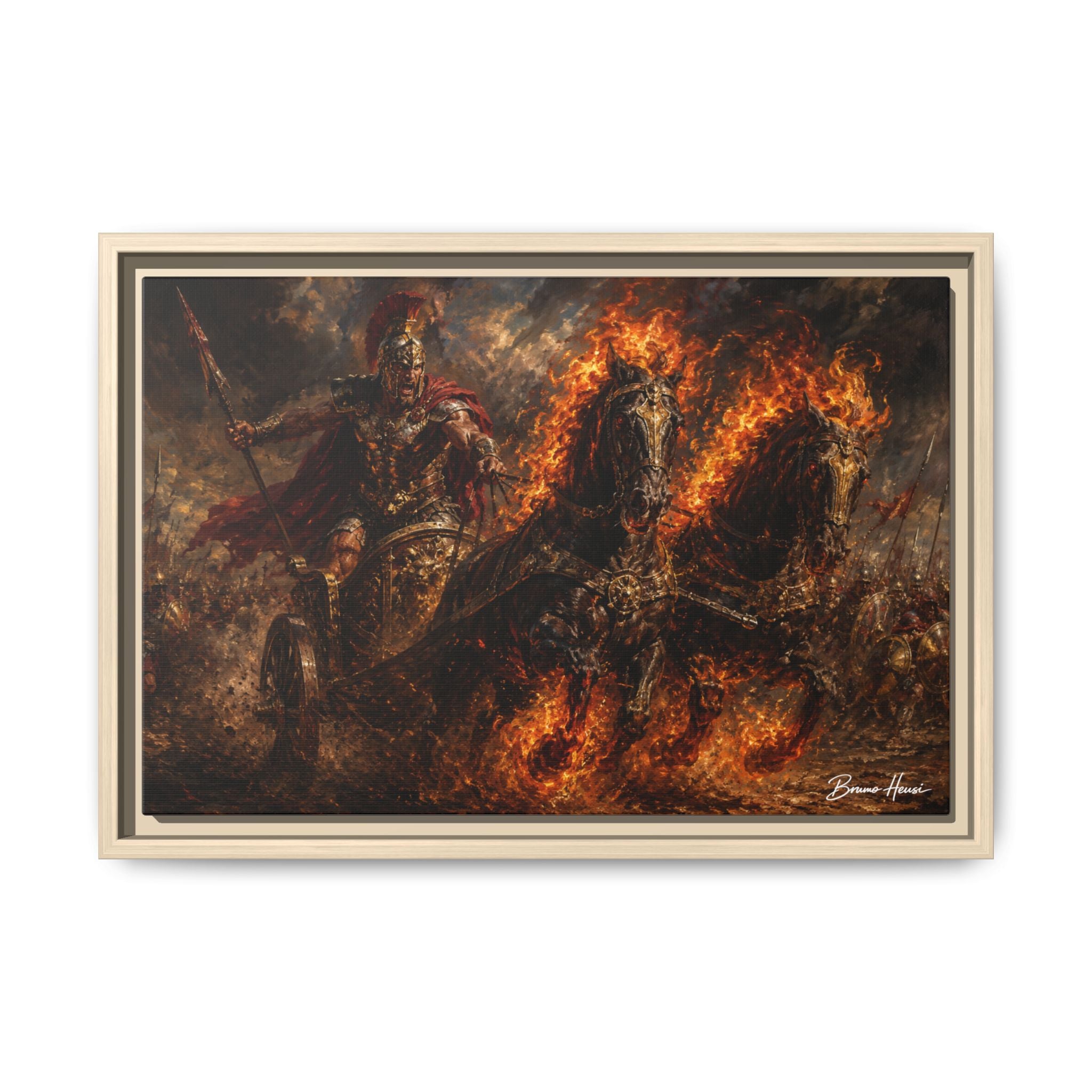 Flaming Chariot Framed Canvas Wall Art — Mythic Warrior Matte Print