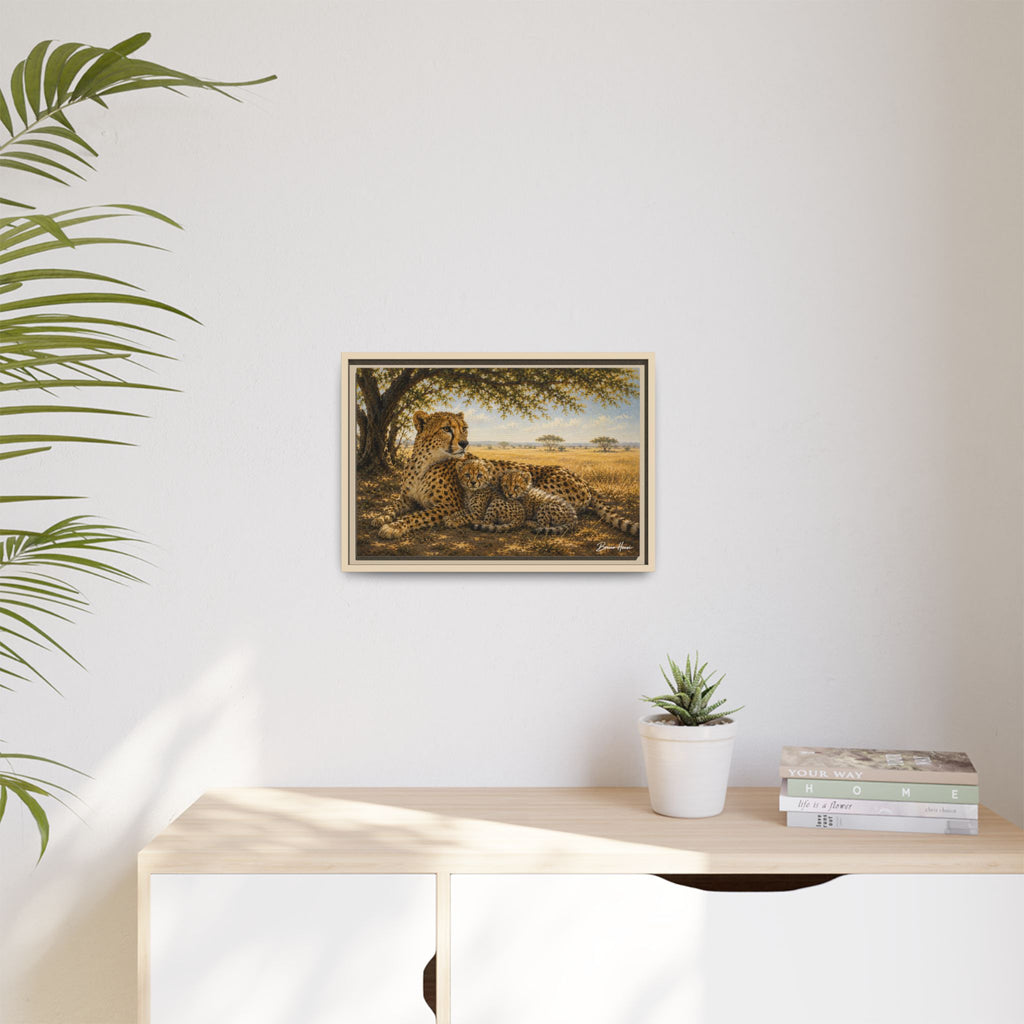 Cheetah Mother & Cubs Framed Canvas Wall Art – African Wildlife Safari Print