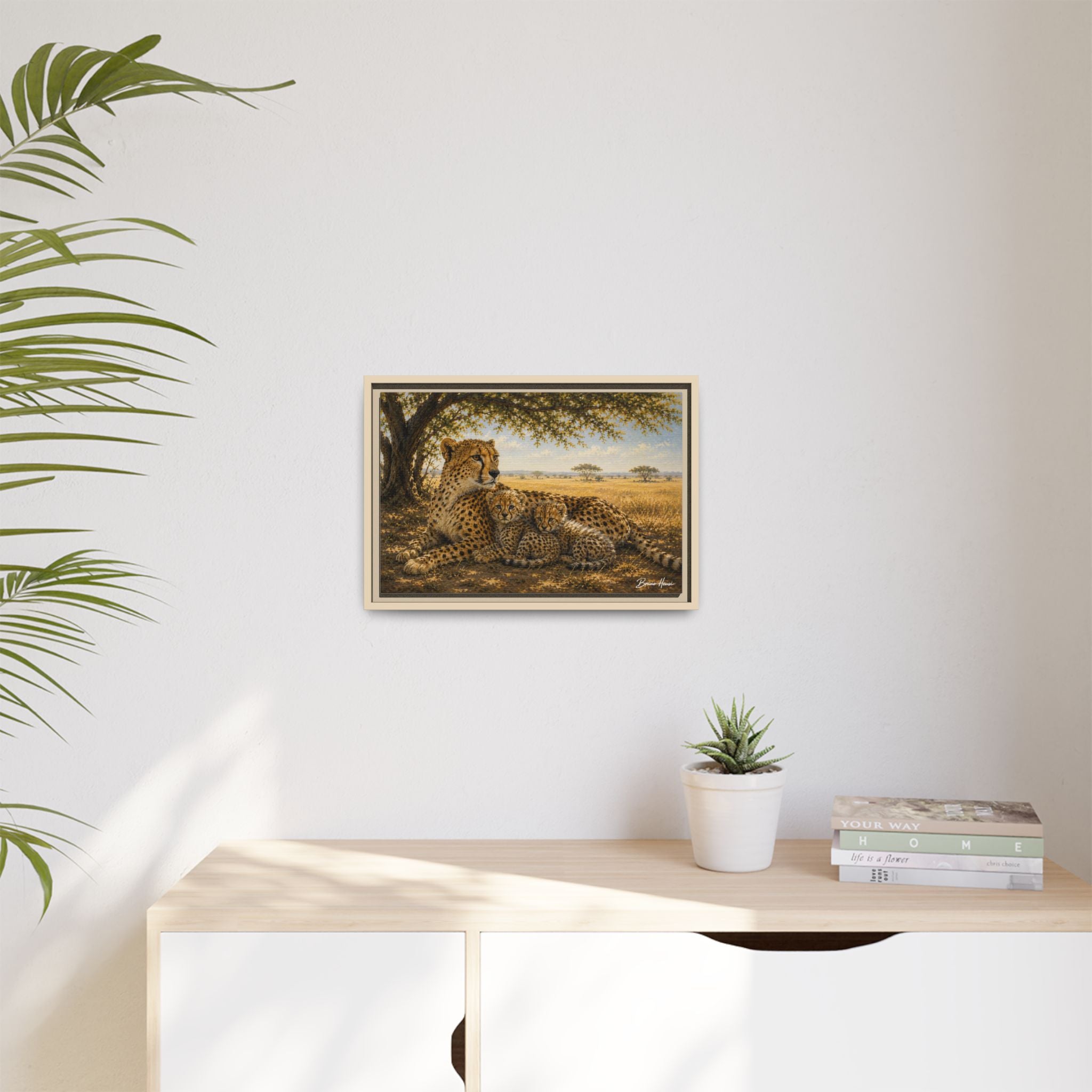 Cheetah Mother & Cubs Framed Canvas Wall Art – African Wildlife Safari Print