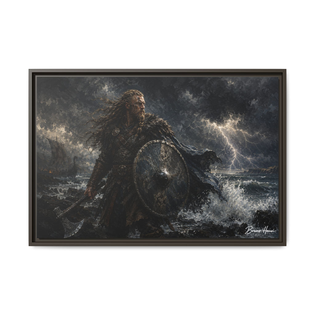 Viking Warrior Matte Framed Canvas Print — Stormy Norse Shield and Axe Wall Art