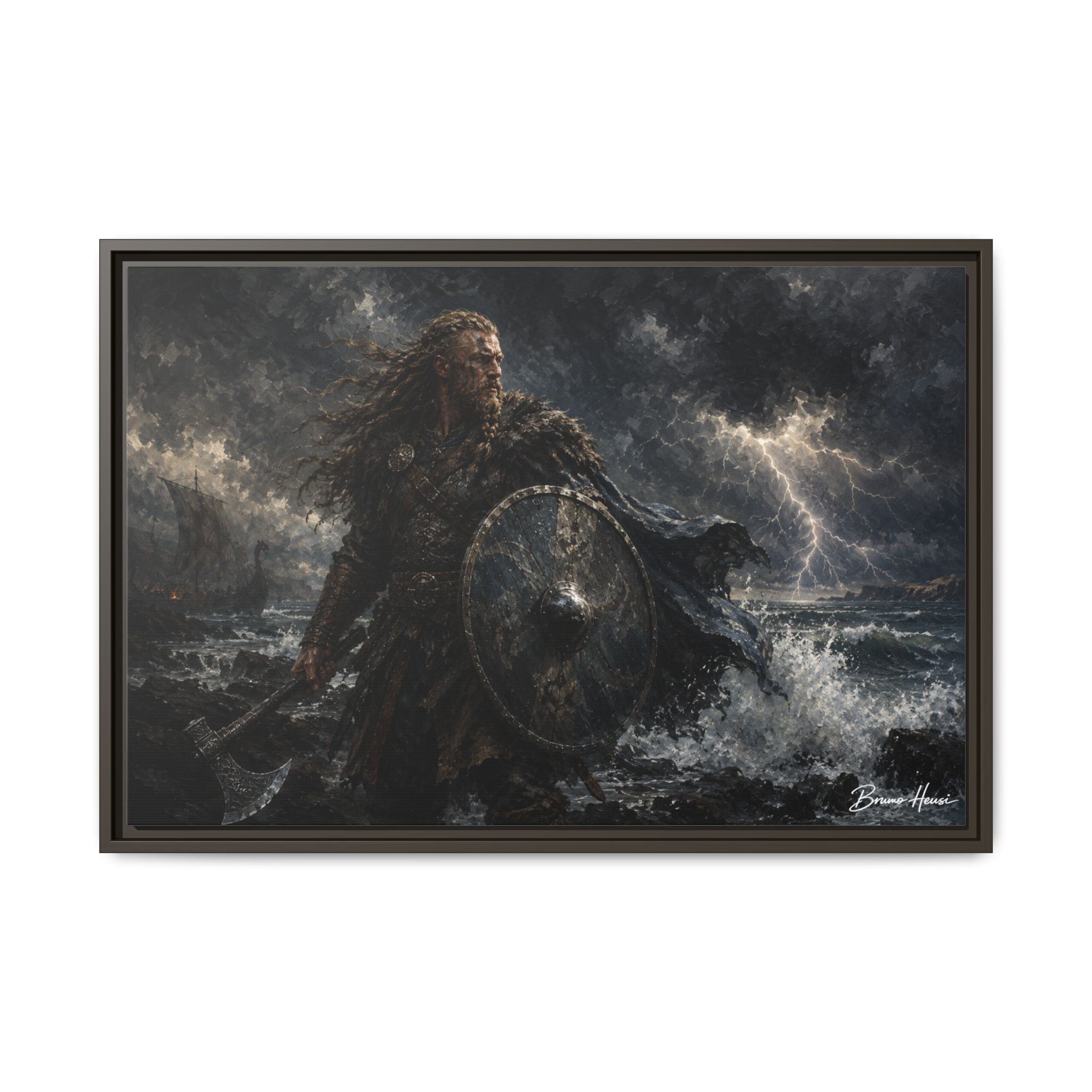 Viking Warrior Matte Framed Canvas Print — Stormy Norse Shield and Axe Wall Art