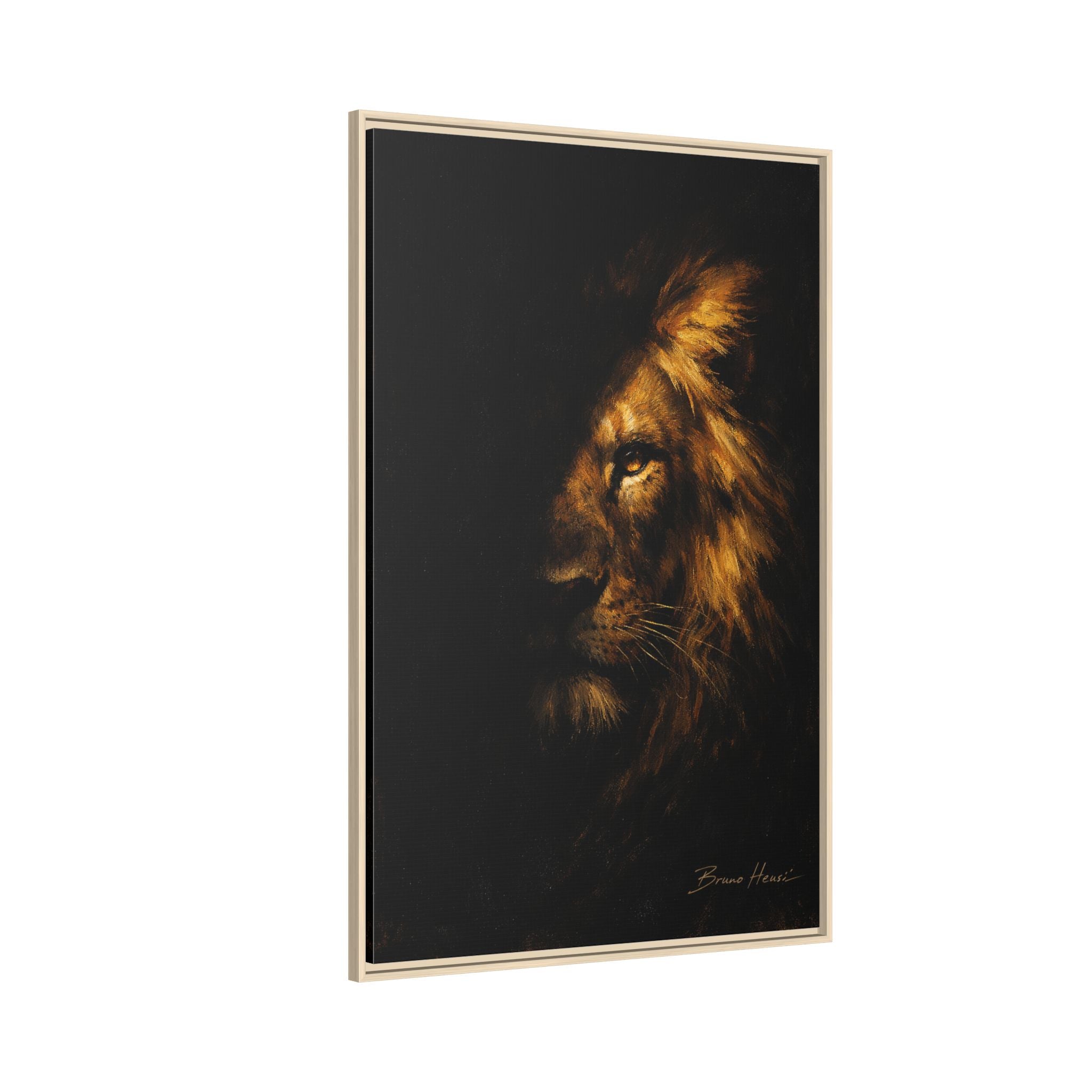Majestic Lion Portrait Framed Canvas Wall Art — Golden Mane on Black Matte Print