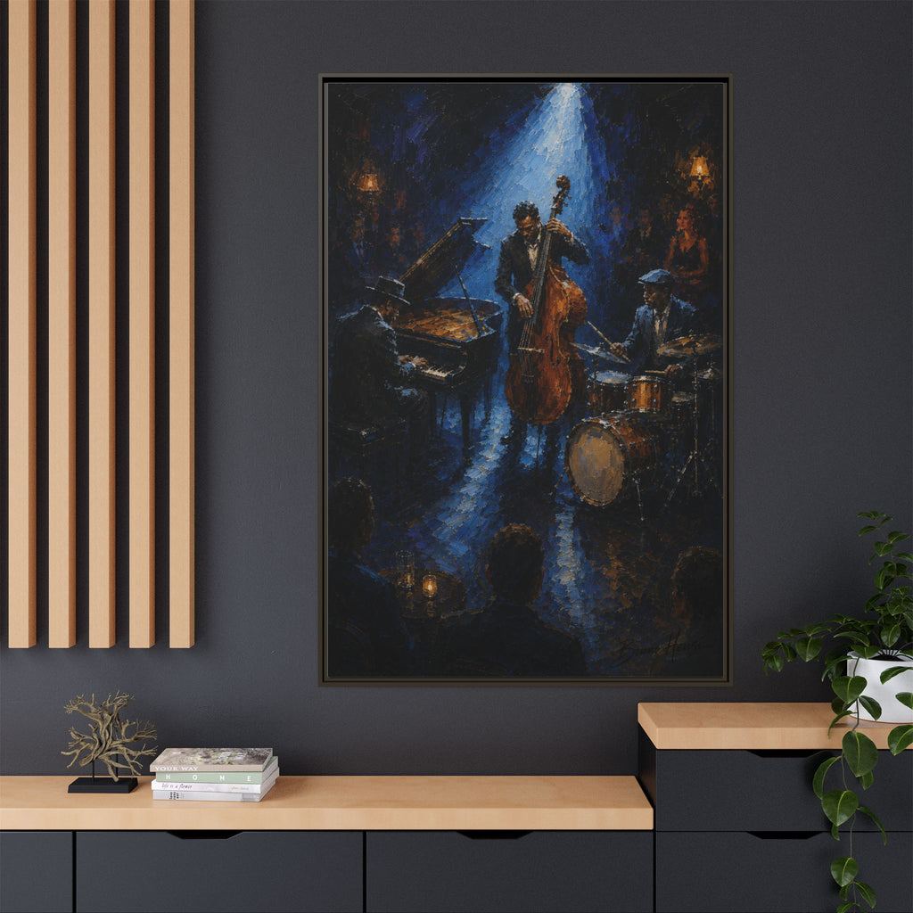 Framed Jazz Quartet Canvas Wall Art – Moody Blue Music Scene