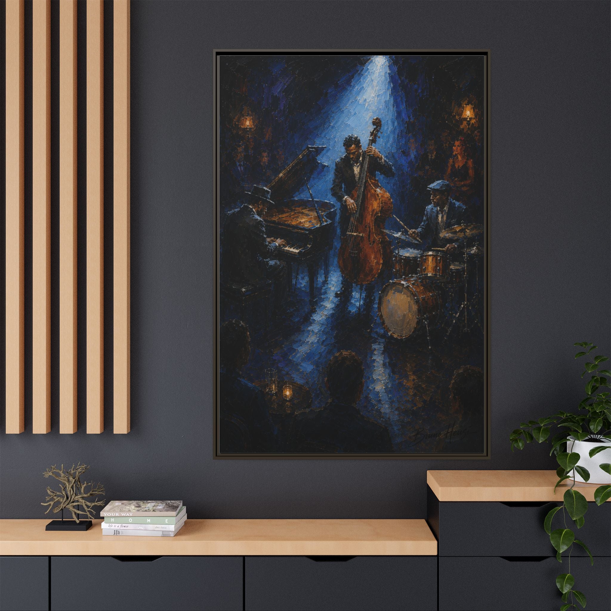 Framed Jazz Quartet Canvas Wall Art – Moody Blue Music Scene