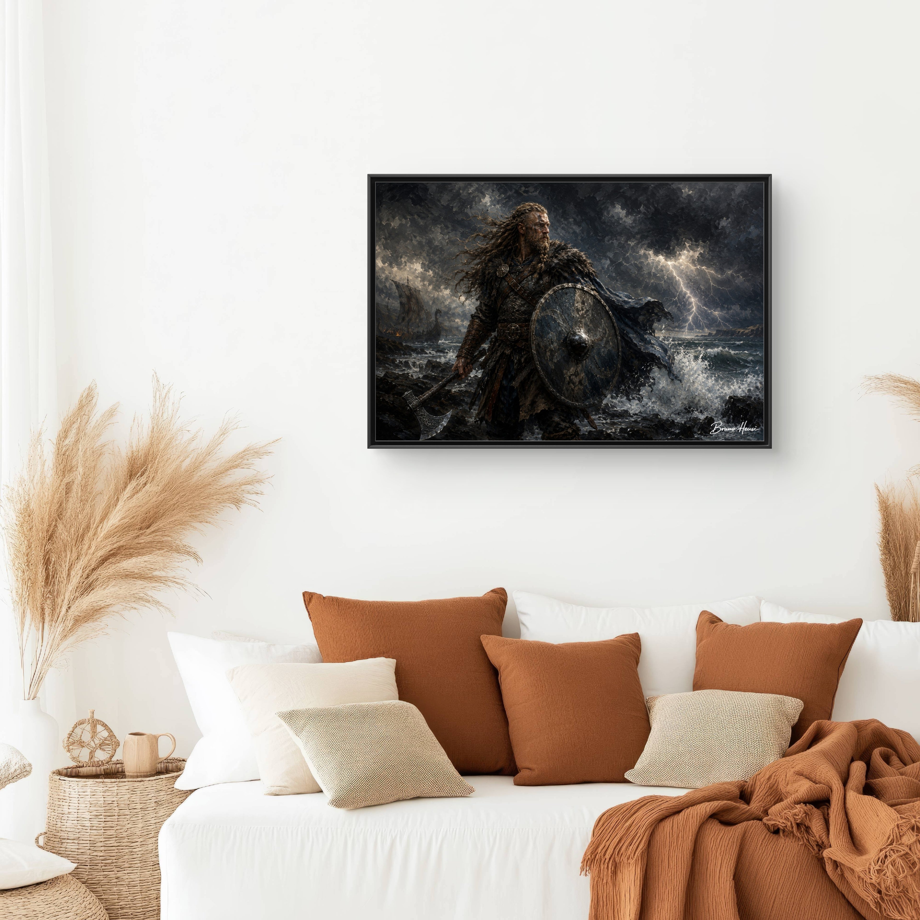Viking Warrior Matte Framed Canvas Print — Stormy Norse Shield and Axe Wall Art