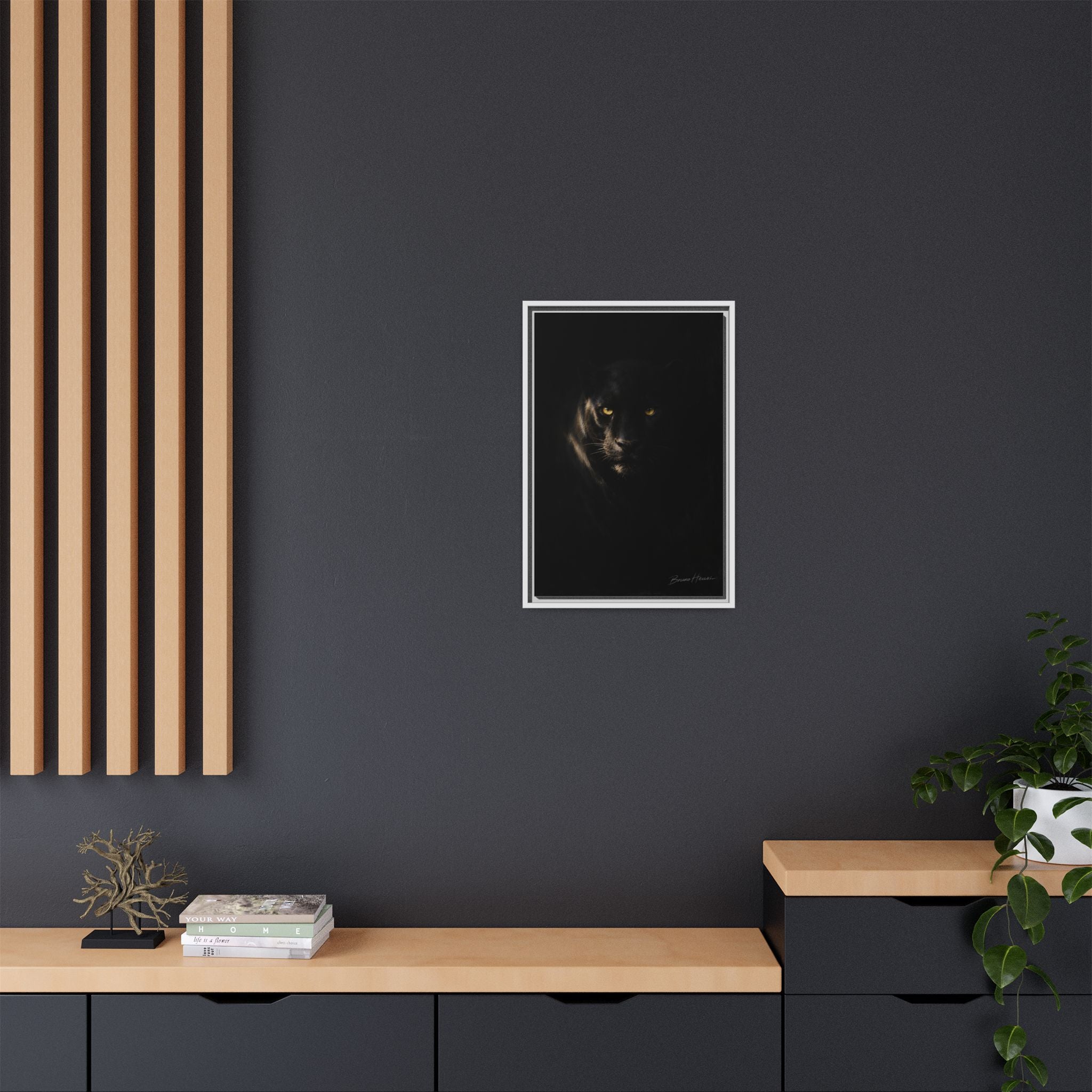 Framed Matte Canvas - Black Panther Wall Art with Golden Eyes