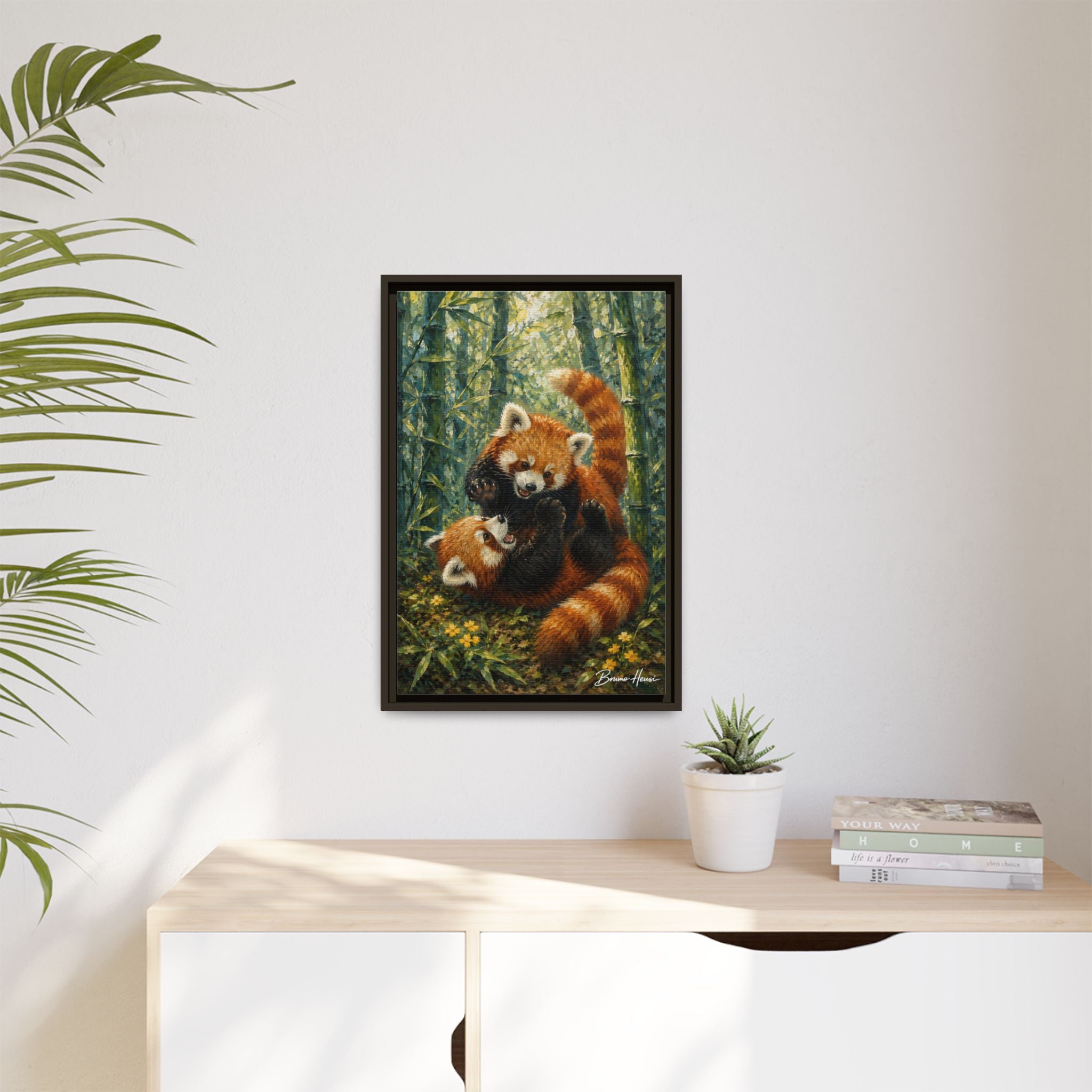 Red Panda Playtime Framed Canvas Wall Art — Playful Wildlife Print