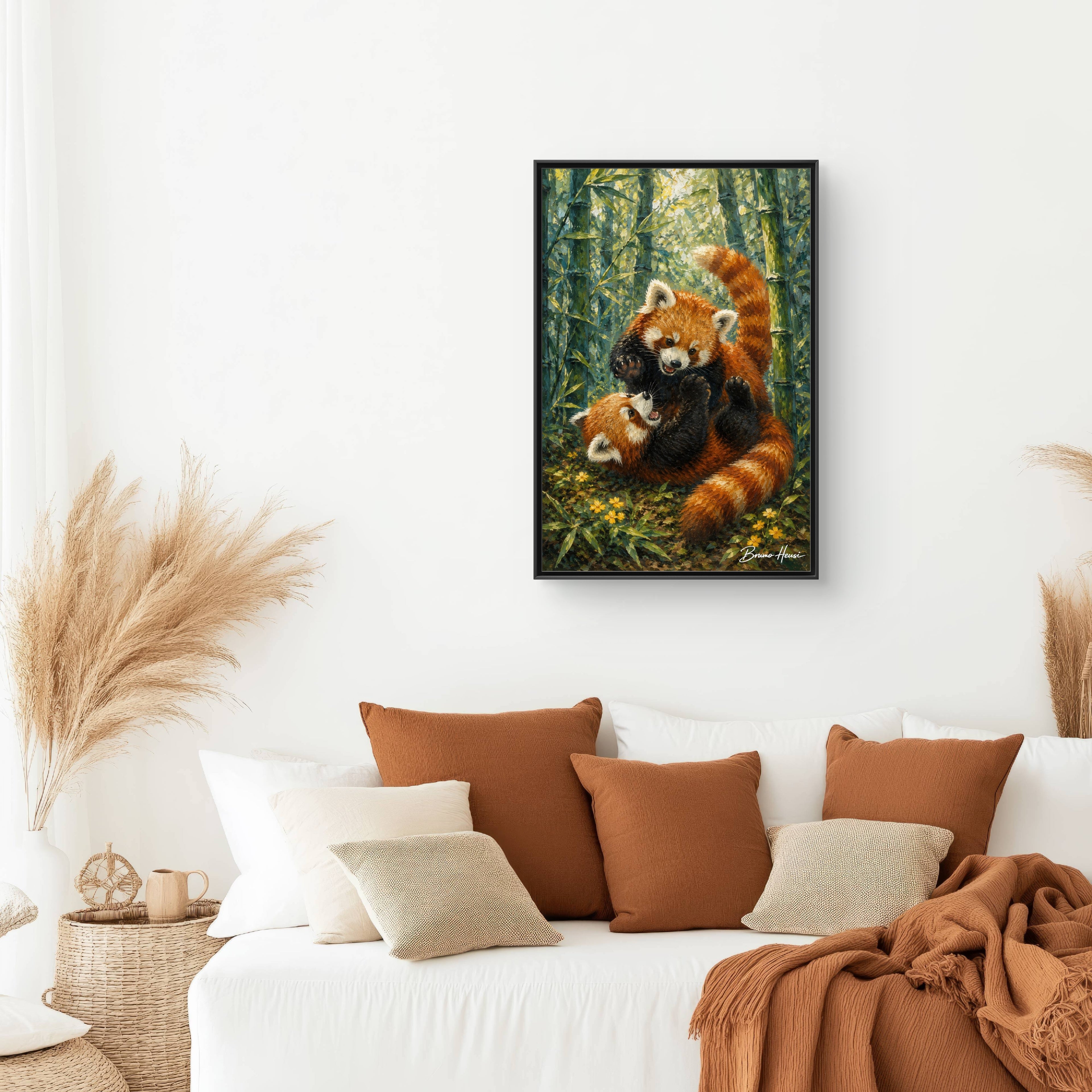 Red Panda Playtime Framed Canvas Wall Art — Playful Wildlife Print