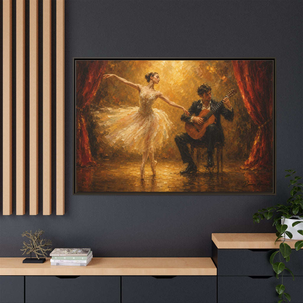 Ballet Dancer & Guitarist Framed Canvas Wall Art — Oil-Style Performance Print