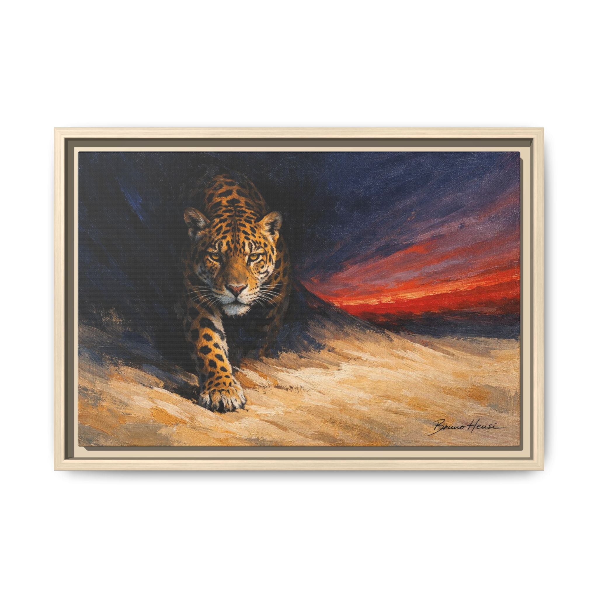 Framed Jaguar Canvas Art – Majestic Big Cat Painting with Sunset Sky