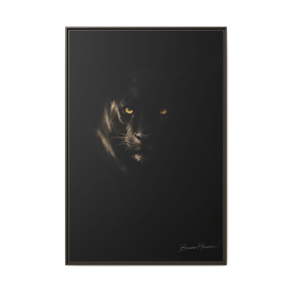 Framed Matte Canvas - Black Panther Wall Art with Golden Eyes