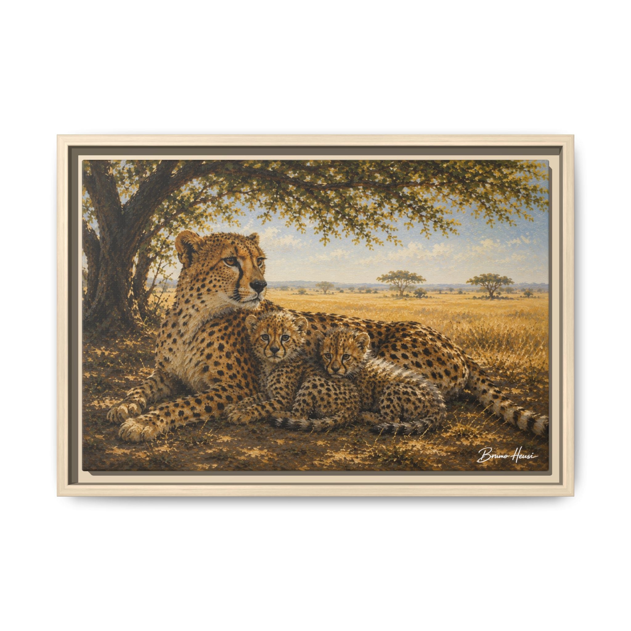 Cheetah Mother & Cubs Framed Canvas Wall Art – African Wildlife Safari Print
