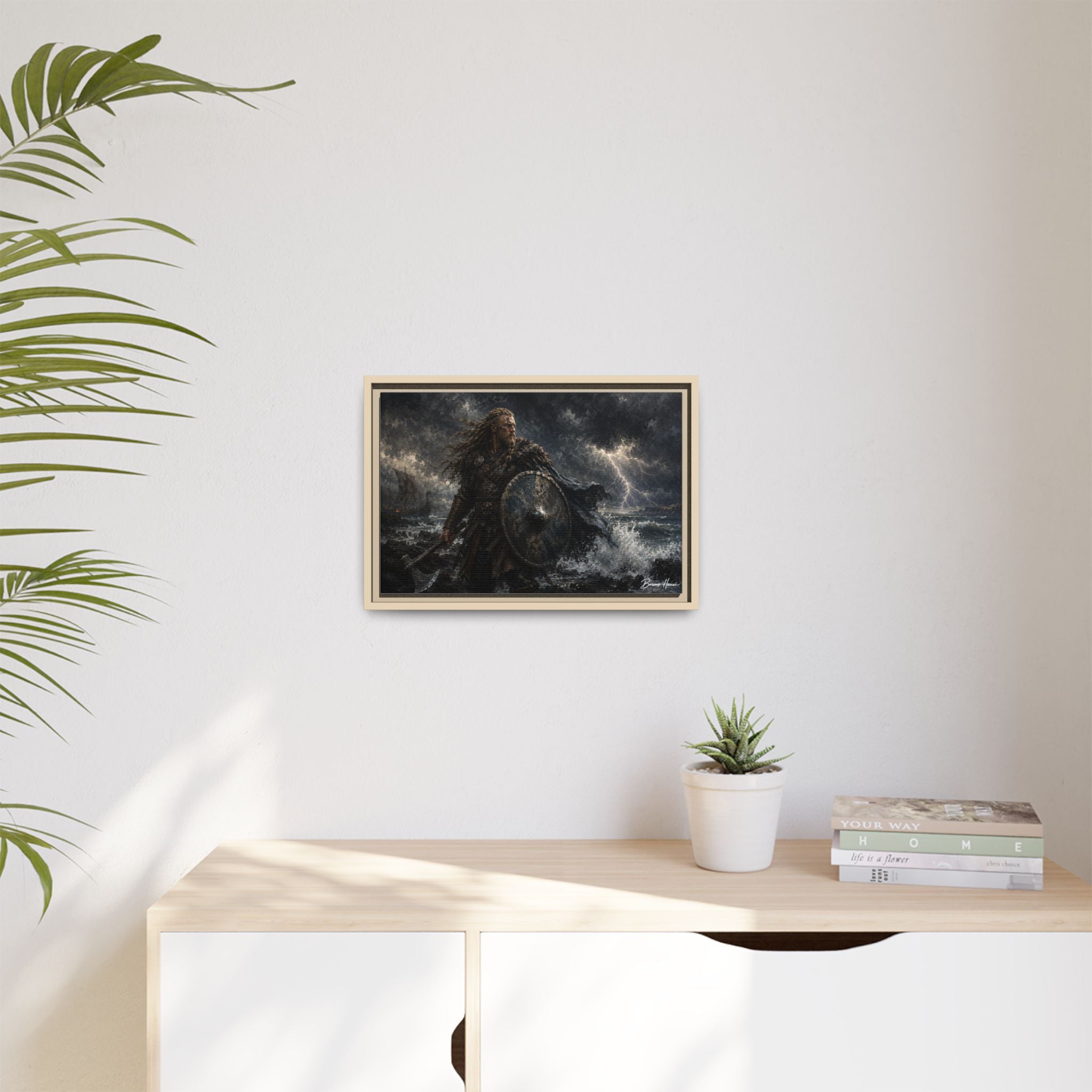 Viking Warrior Matte Framed Canvas Print — Stormy Norse Shield and Axe Wall Art