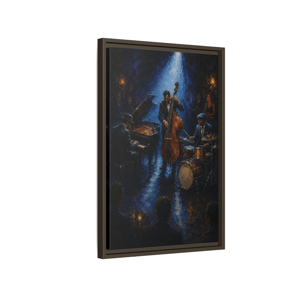 Framed Jazz Quartet Canvas Wall Art – Moody Blue Music Scene