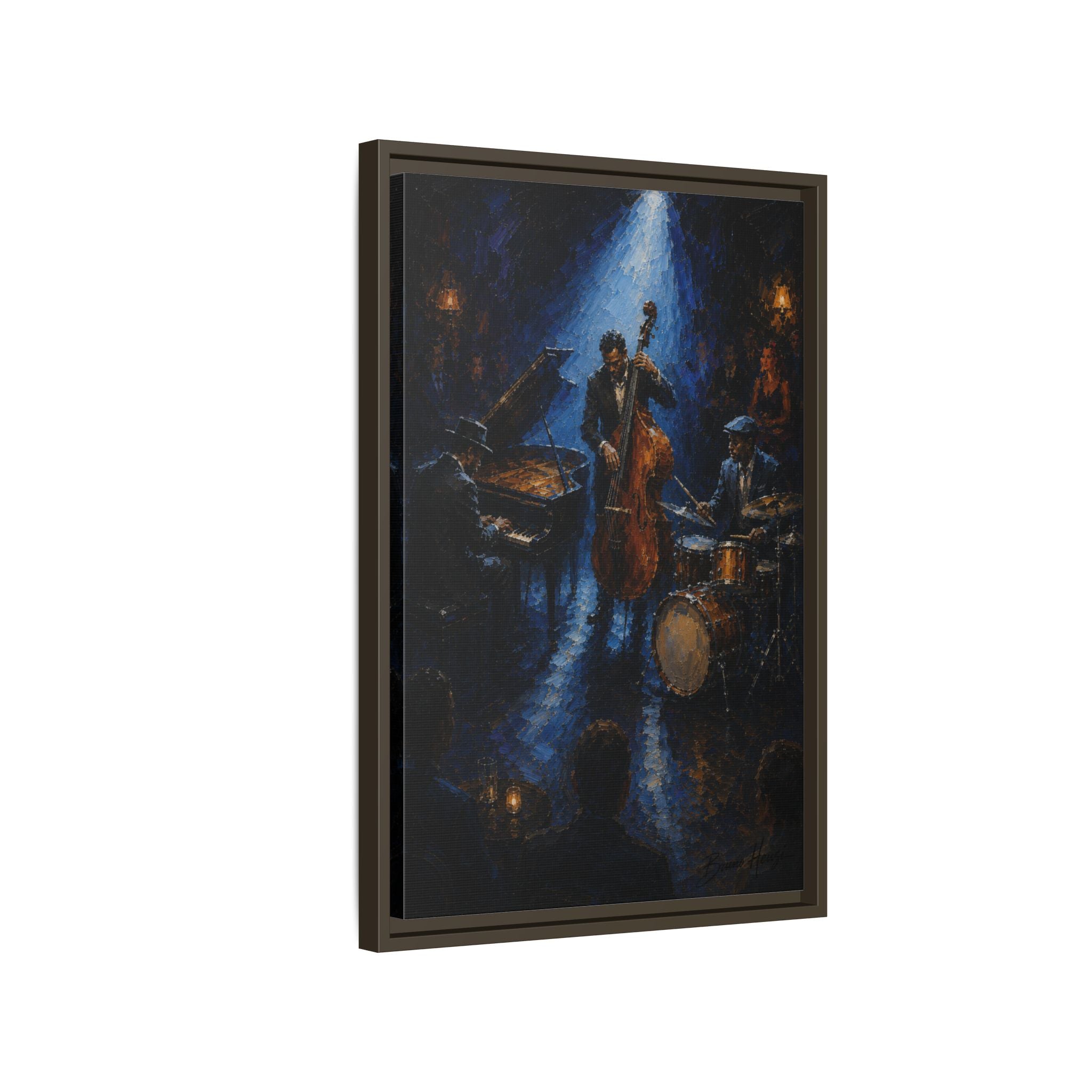 Framed Jazz Quartet Canvas Wall Art – Moody Blue Music Scene