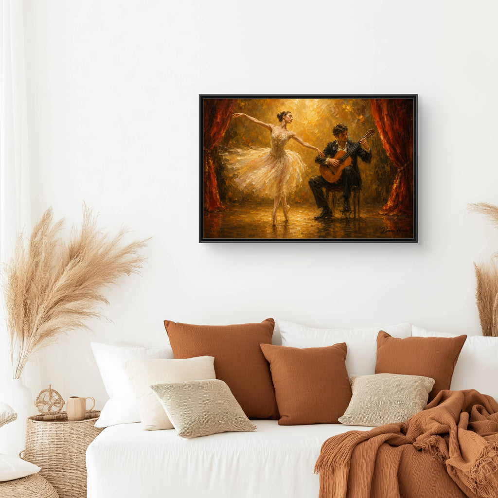 Ballet Dancer & Guitarist Framed Canvas Wall Art — Oil-Style Performance Print