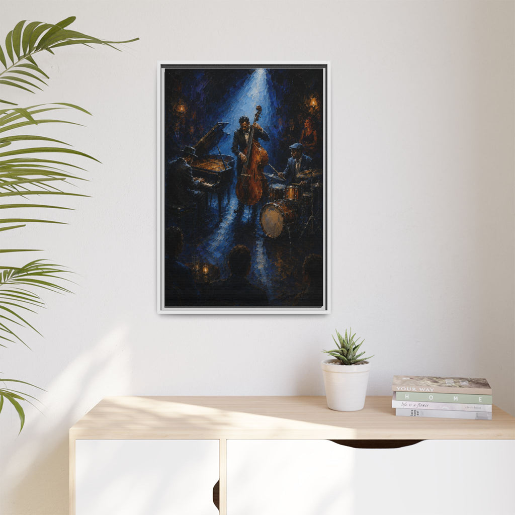 Framed Jazz Quartet Canvas Wall Art – Moody Blue Music Scene