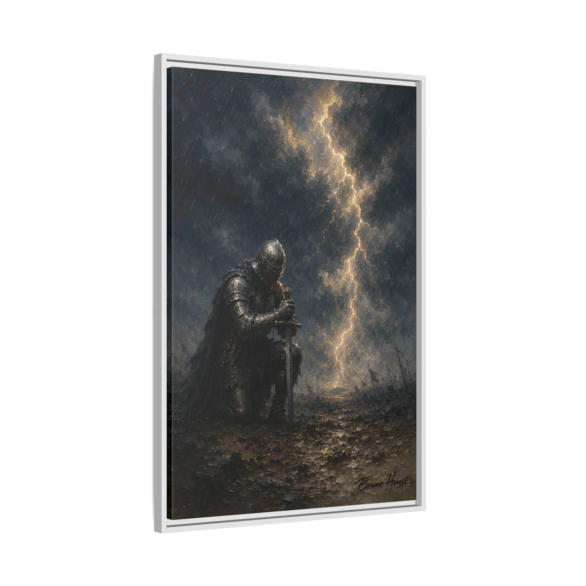 Knight in Thunderstorm Matte Framed Canvas — Dark Fantasy Wall Art