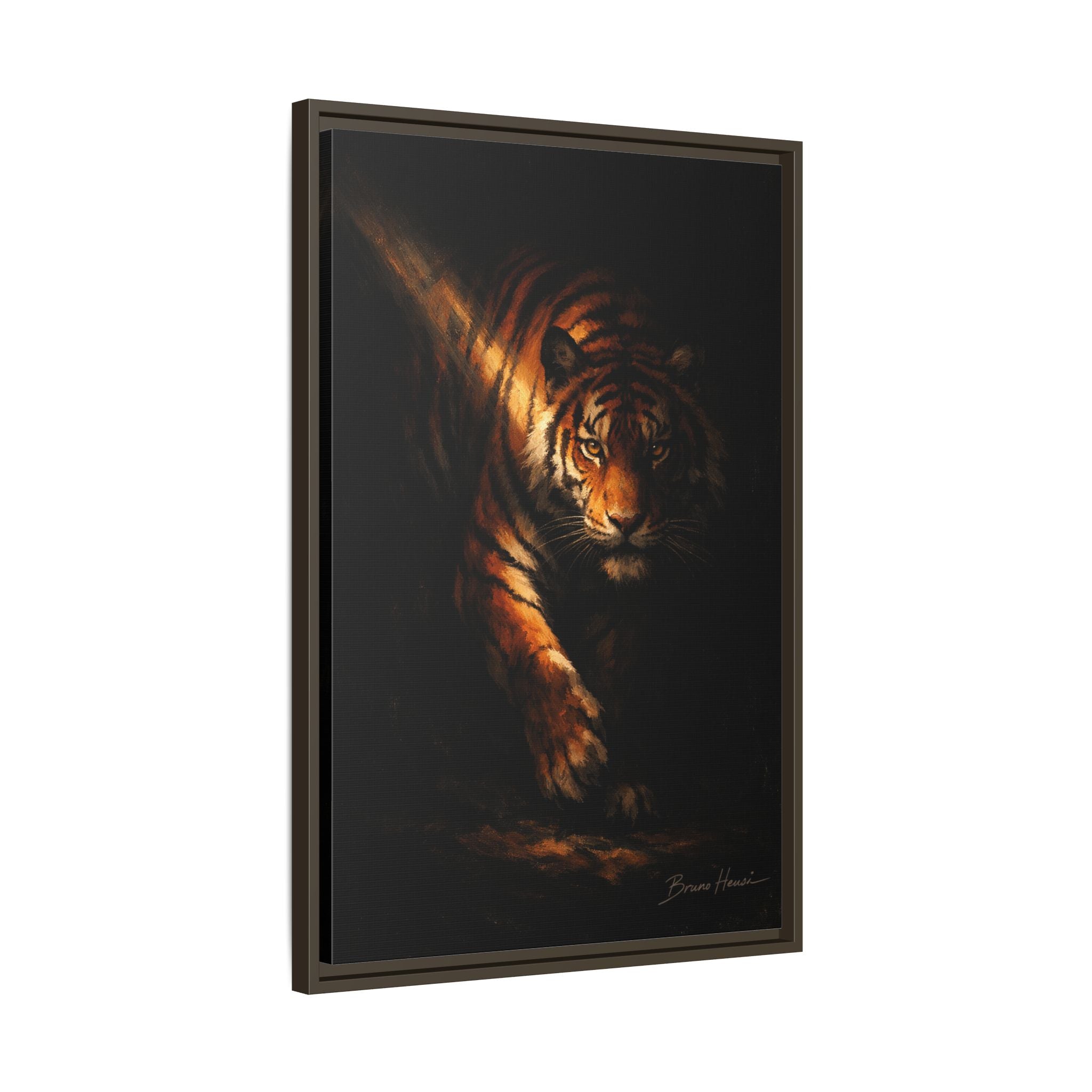 Tiger in the Shadows Matte Framed Canvas Print — Dramatic Wildlife Wall Art