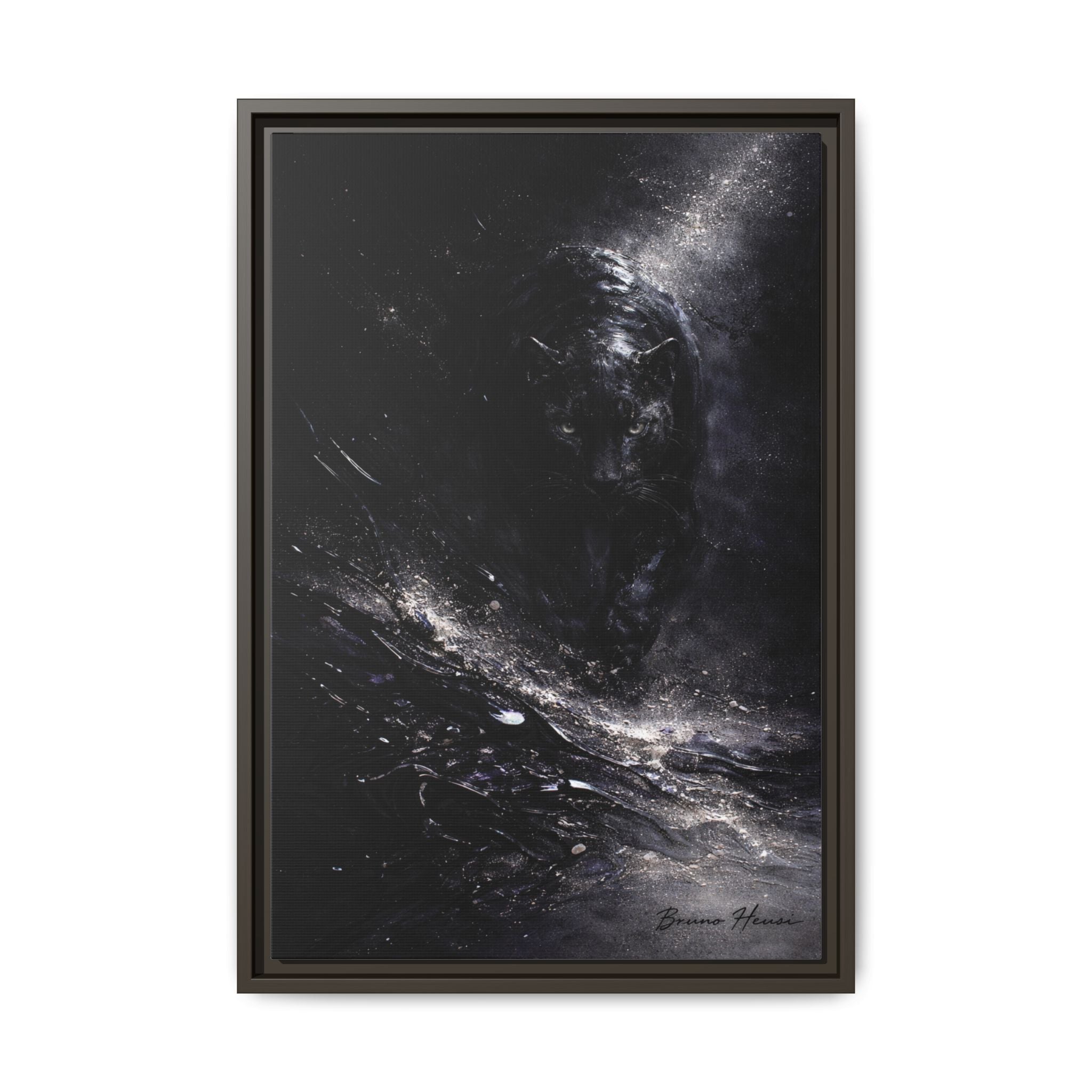 Cosmic Black Panther Matte Framed Canvas – Dark Abstract Wildlife Wall Art