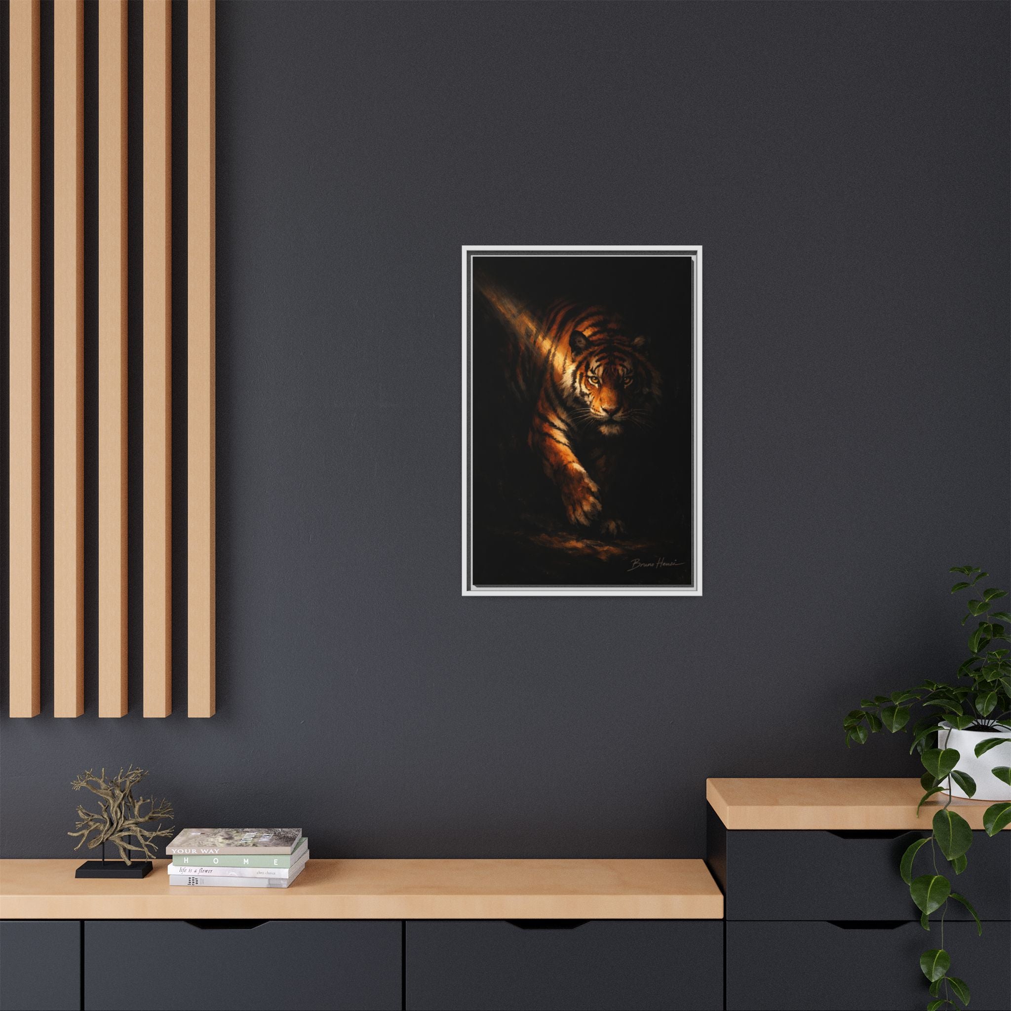 Tiger in the Shadows Matte Framed Canvas Print — Dramatic Wildlife Wall Art