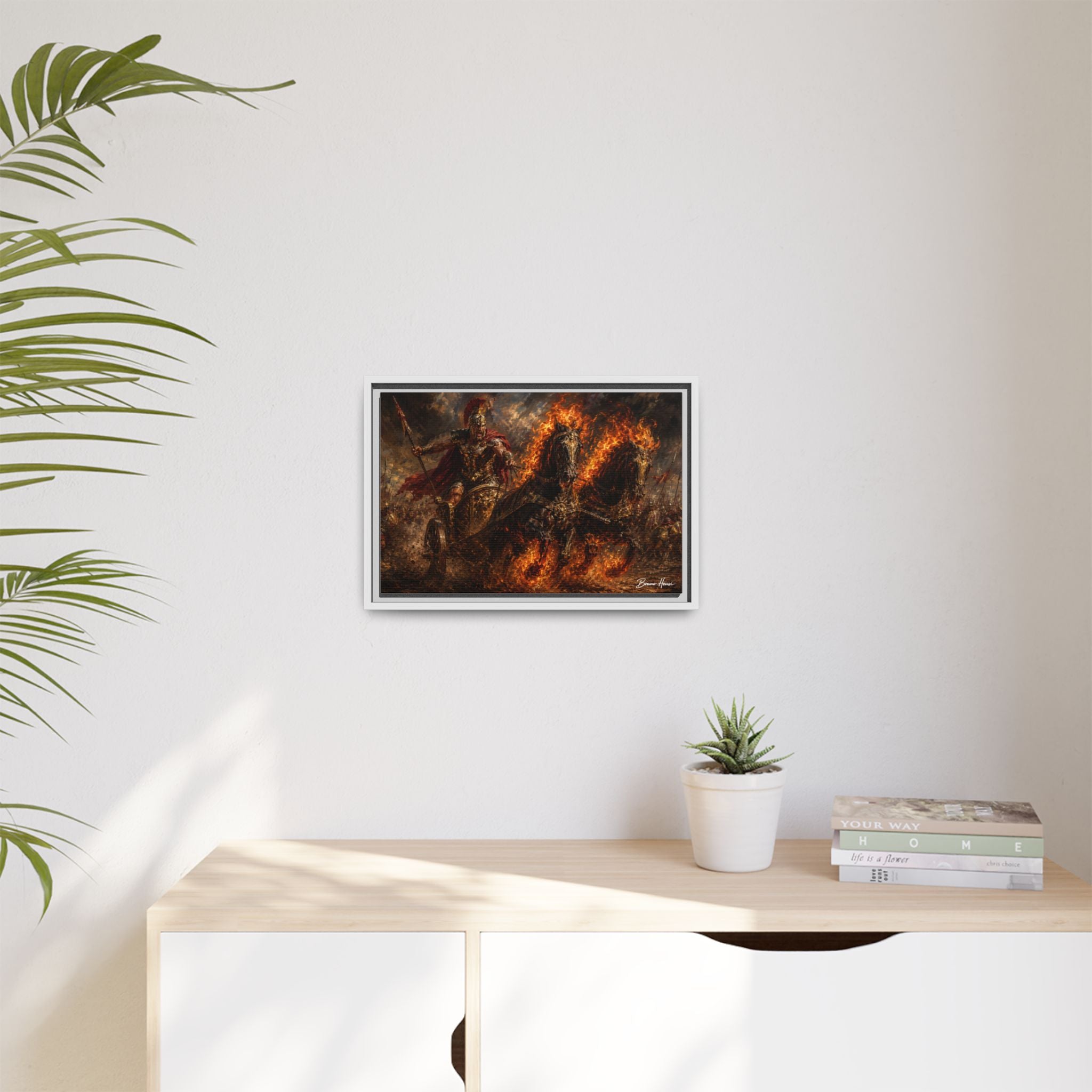 Flaming Chariot Framed Canvas Wall Art — Mythic Warrior Matte Print