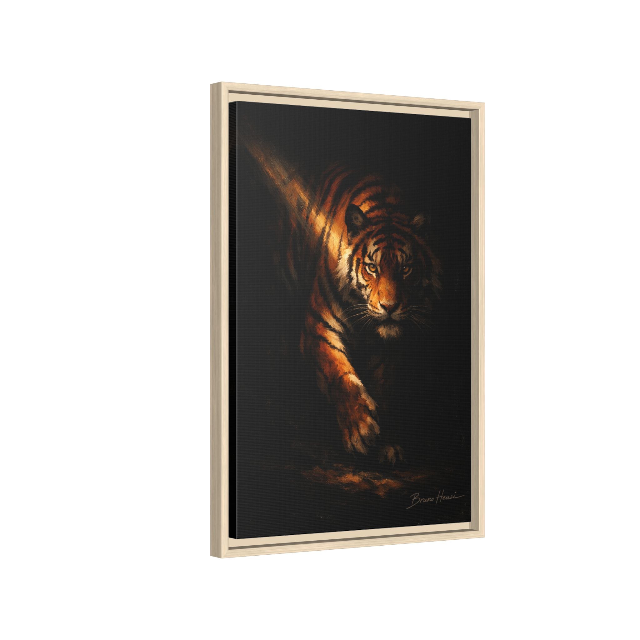 Tiger in the Shadows Matte Framed Canvas Print — Dramatic Wildlife Wall Art