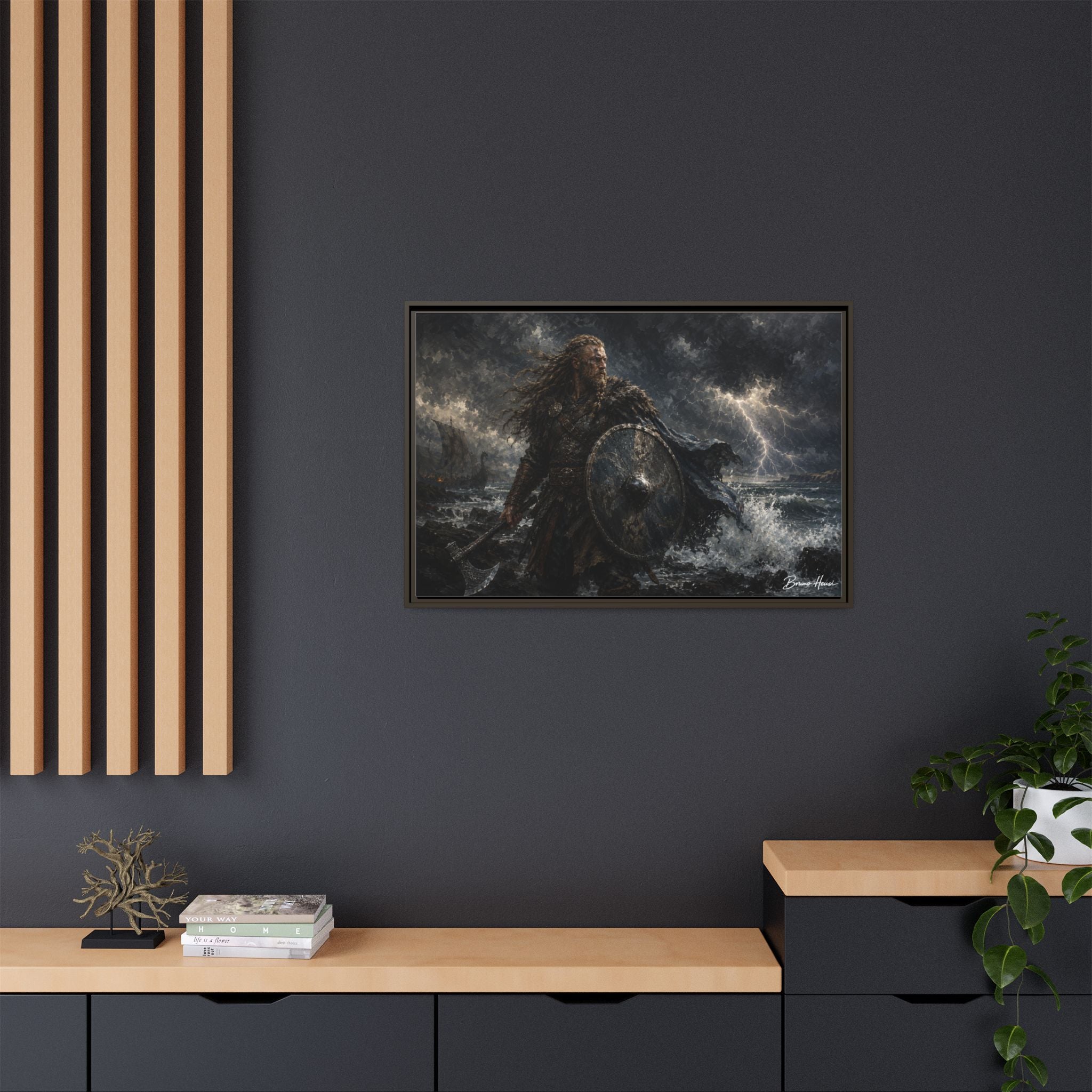 Viking Warrior Matte Framed Canvas Print — Stormy Norse Shield and Axe Wall Art