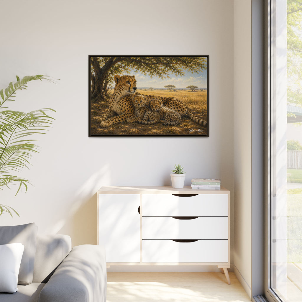 Cheetah Mother & Cubs Framed Canvas Wall Art – African Wildlife Safari Print
