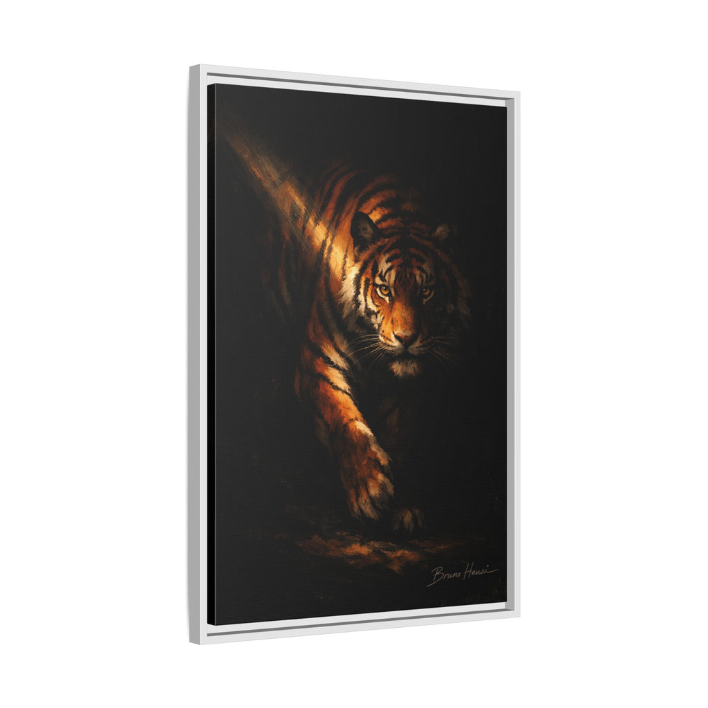 Tiger in the Shadows Matte Framed Canvas Print — Dramatic Wildlife Wall Art