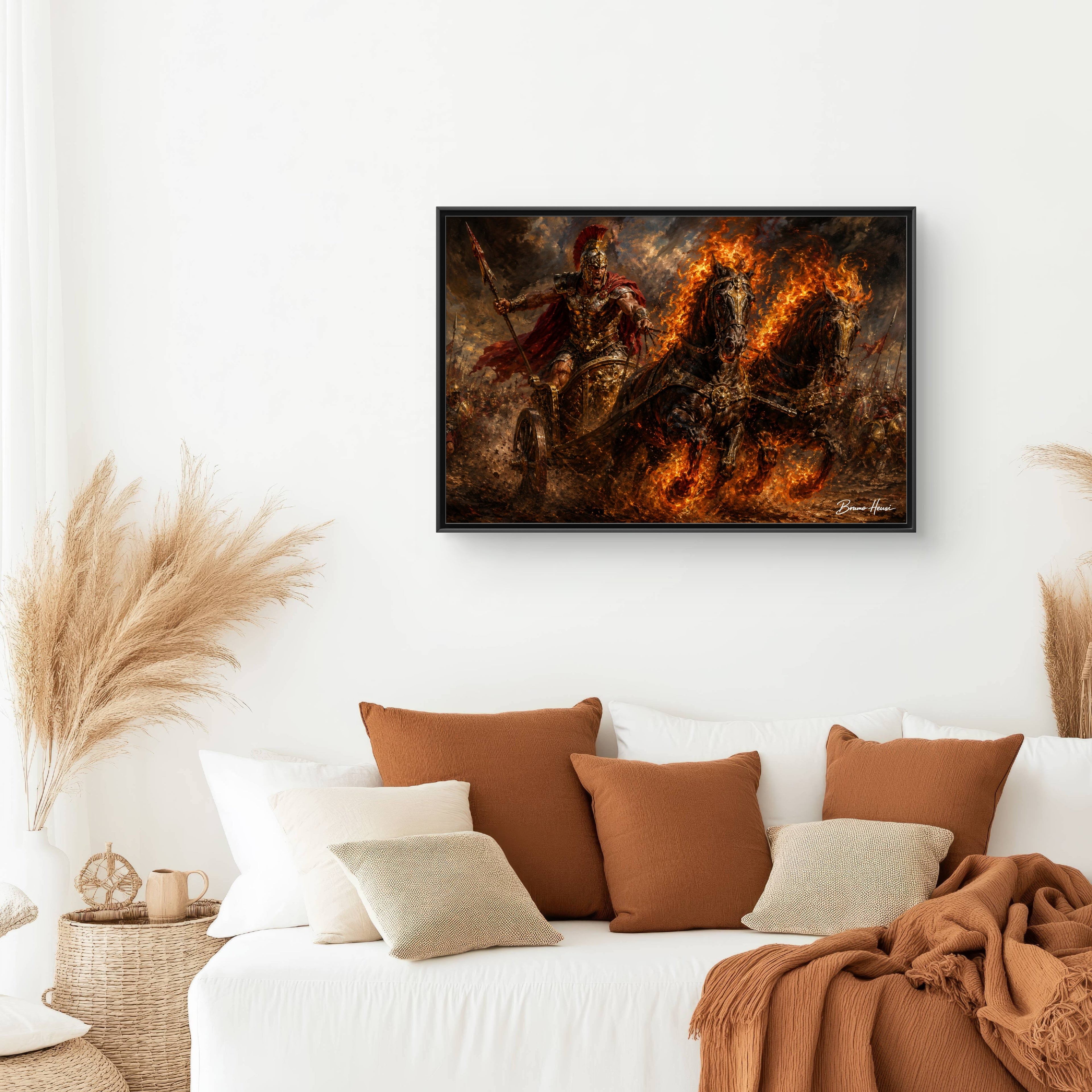 Flaming Chariot Framed Canvas Wall Art — Mythic Warrior Matte Print