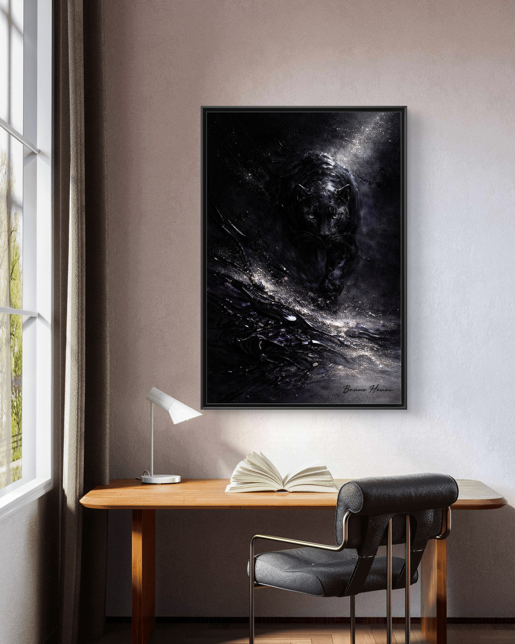 Cosmic Black Panther Matte Framed Canvas – Dark Abstract Wildlife Wall Art