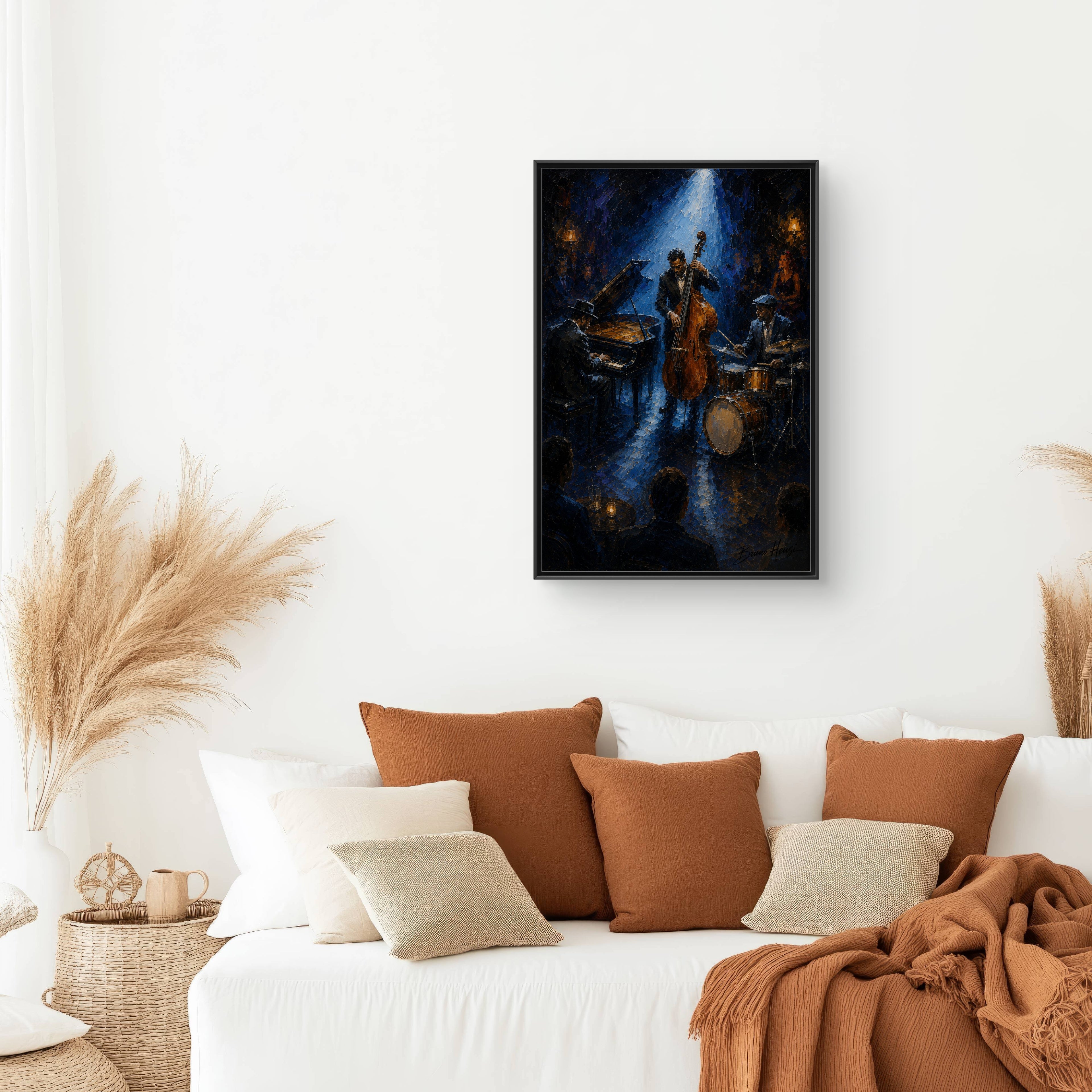 Framed Jazz Quartet Canvas Wall Art – Moody Blue Music Scene